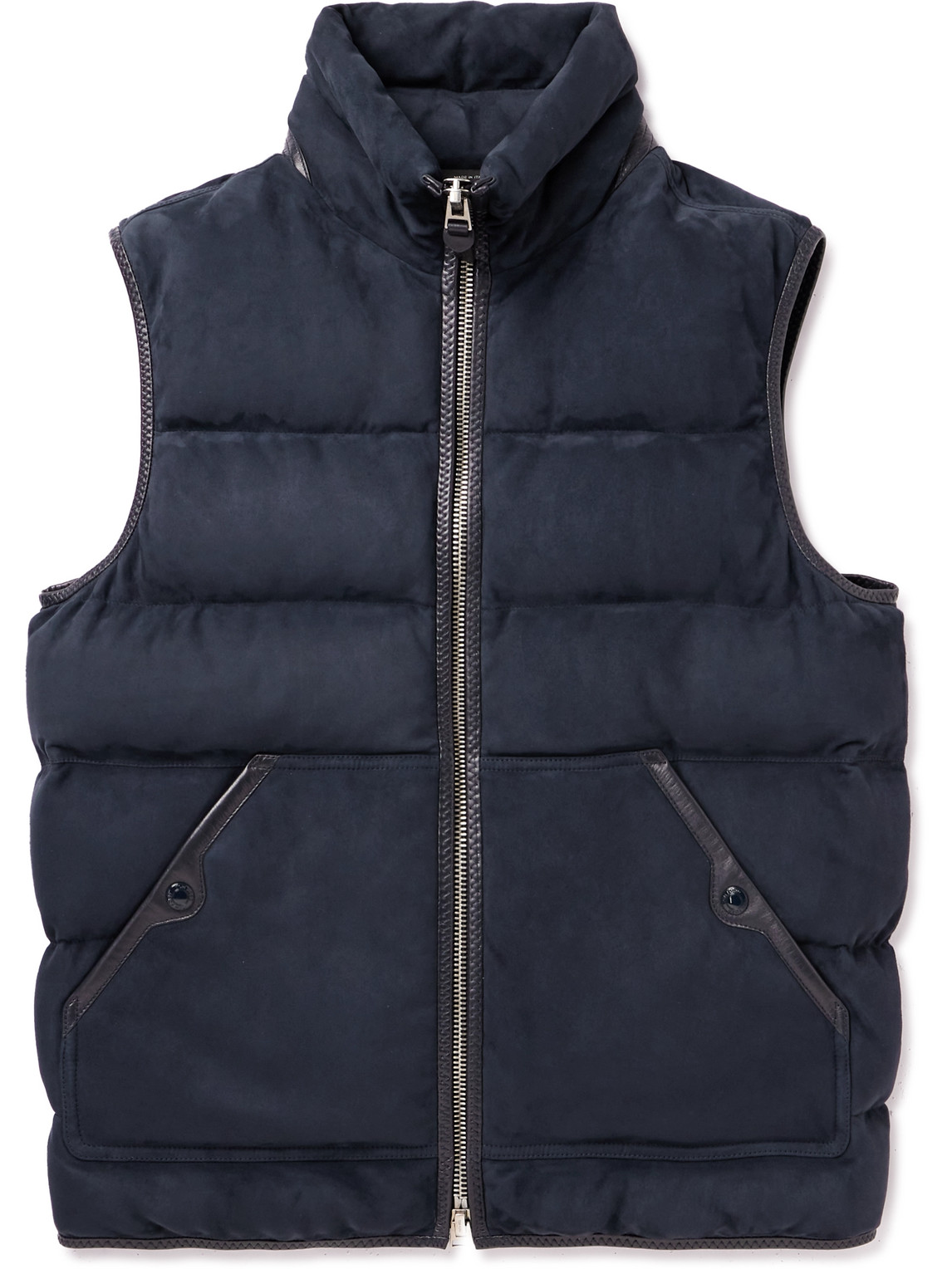 Quilted Leather-Trimmed Suede Down Gilet