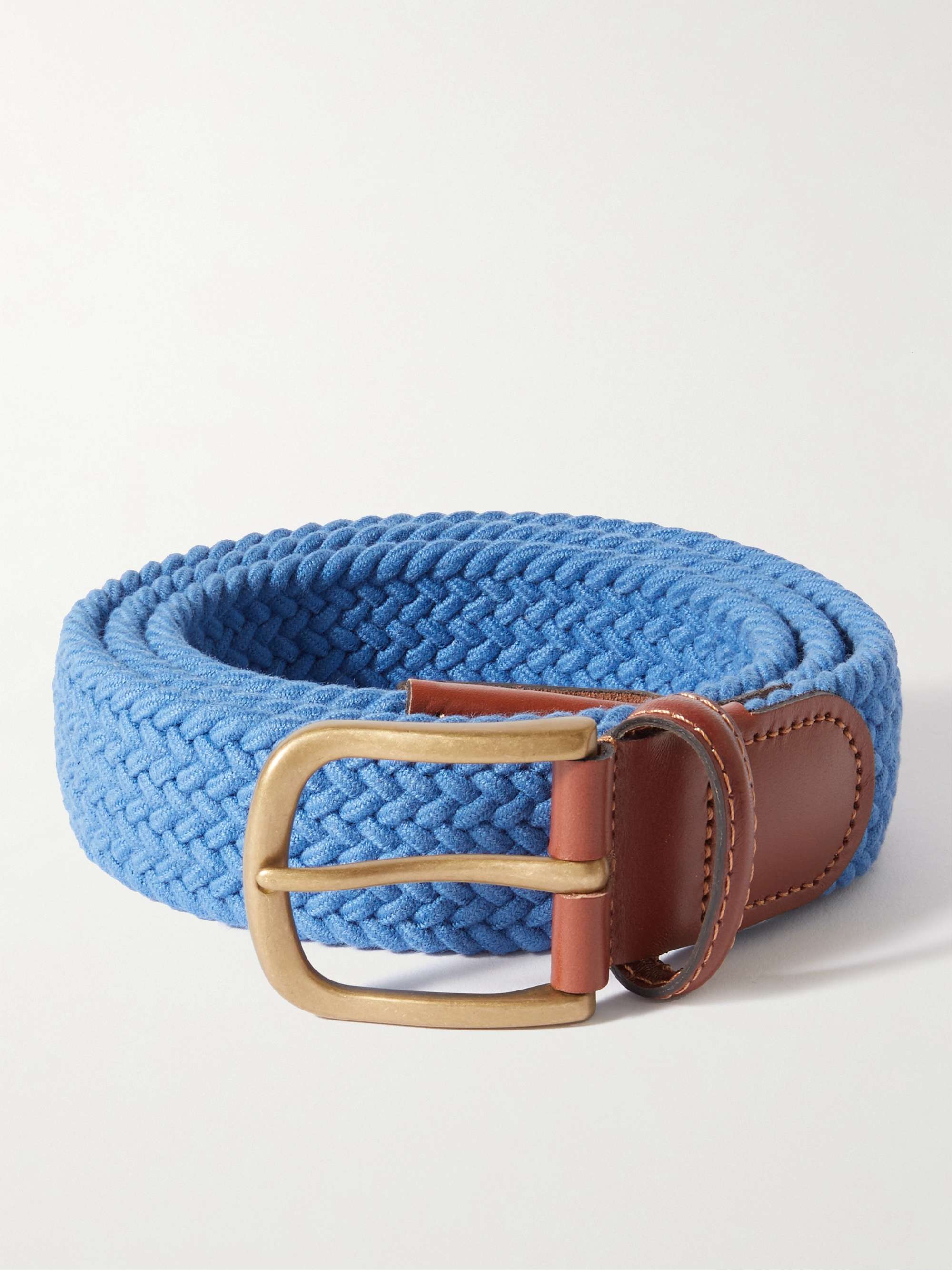 3.5cm Leather-Trimmed Woven Stretch-Cotton Belt