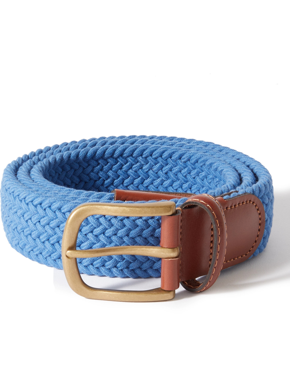 Anderson & Sheppard 3.5cm Leather-trimmed Woven Stretch-cotton Belt In Blue