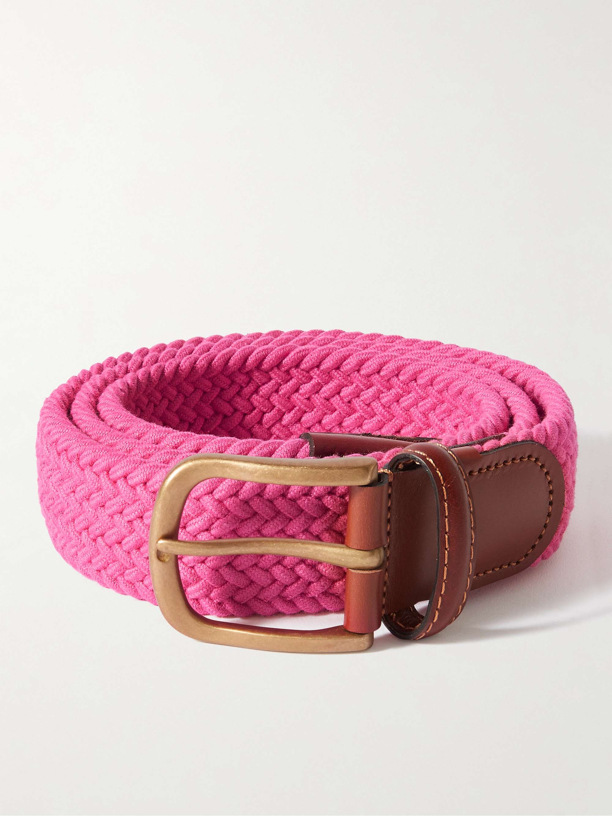 3.5cm Leather-Trimmed Woven Stretch-Cotton Belt