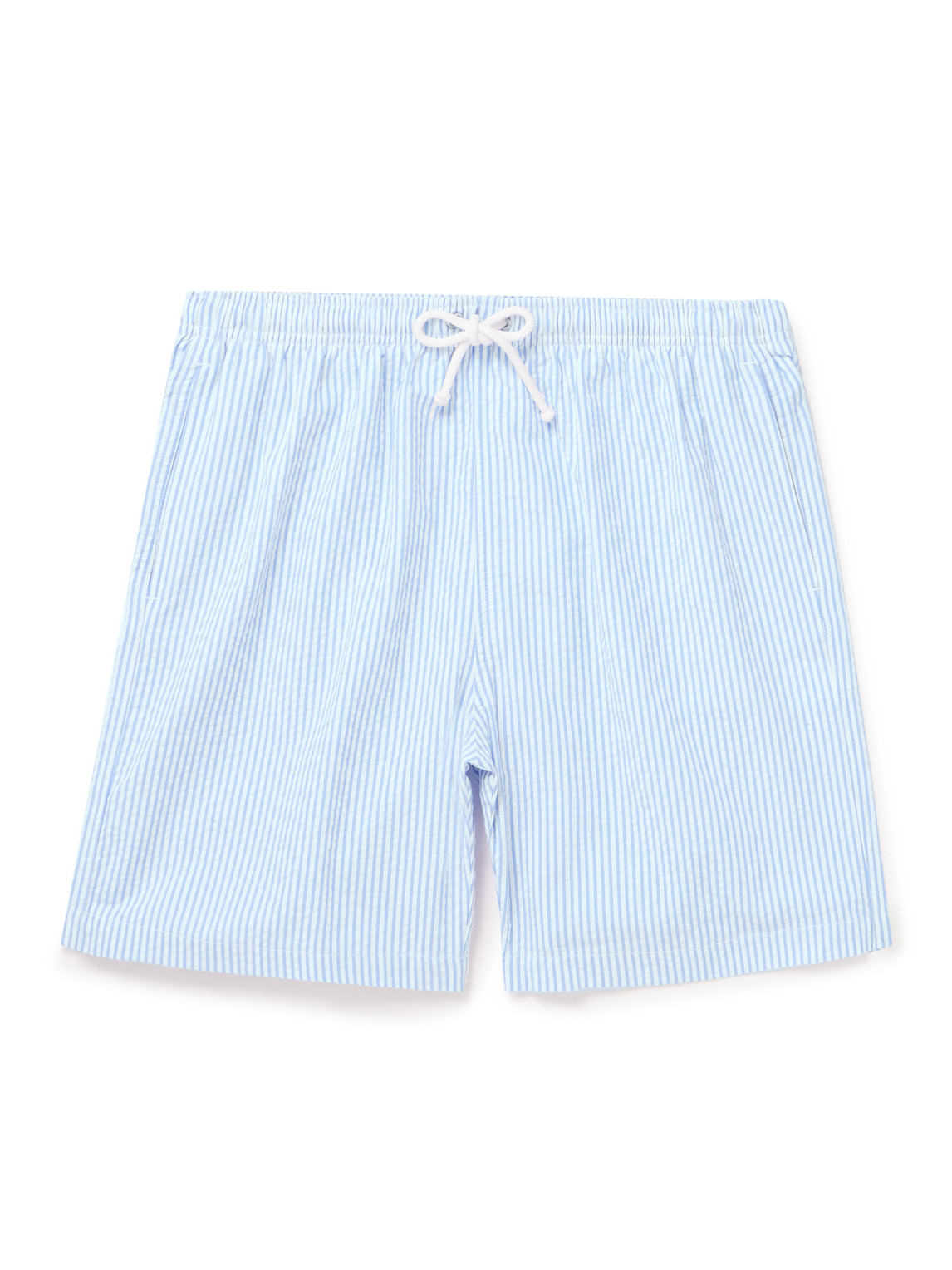 Anderson & Sheppard Straight-leg Mid-length Striped Seersucker Swim Shorts In Blue