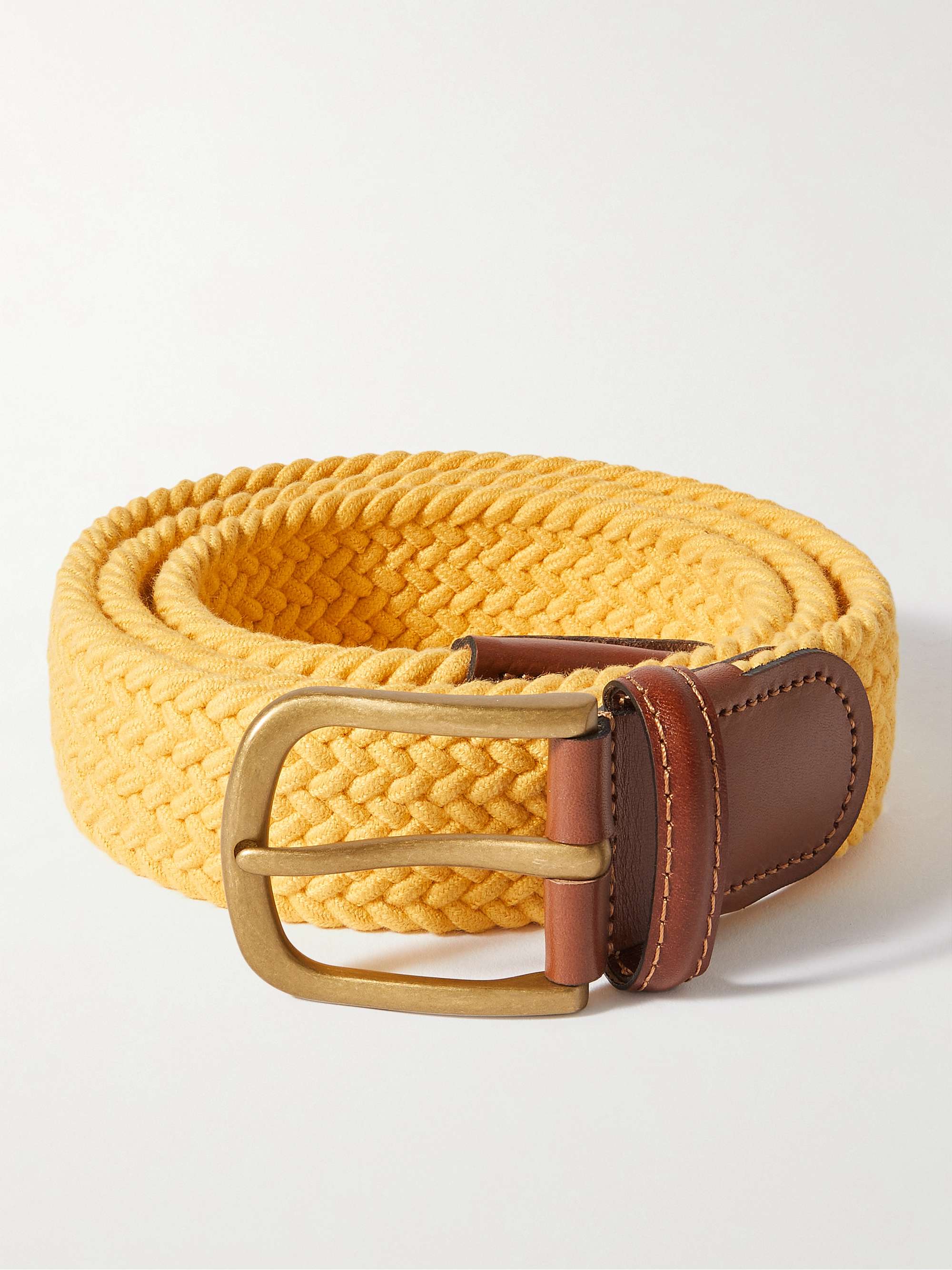 3.5cm Leather-Trimmed Woven Stretch-Cotton Belt