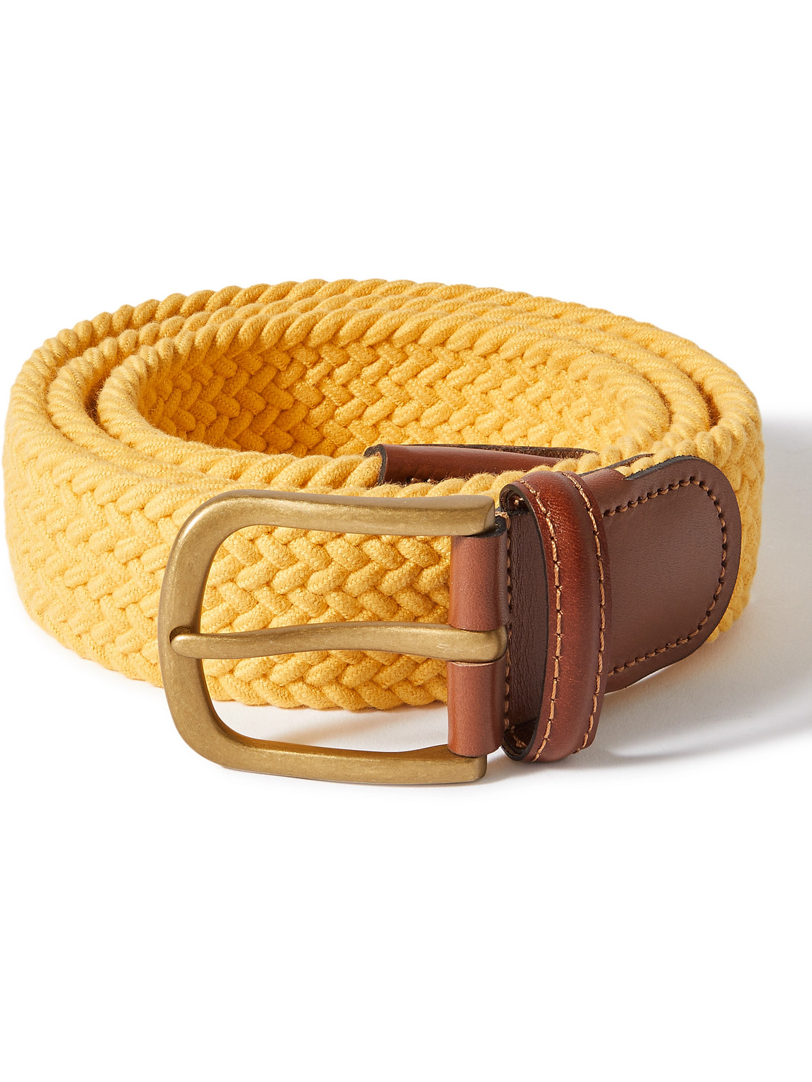 Anderson & Sheppard 3.5cm Leather-trimmed Woven Stretch-cotton Belt In Yellow