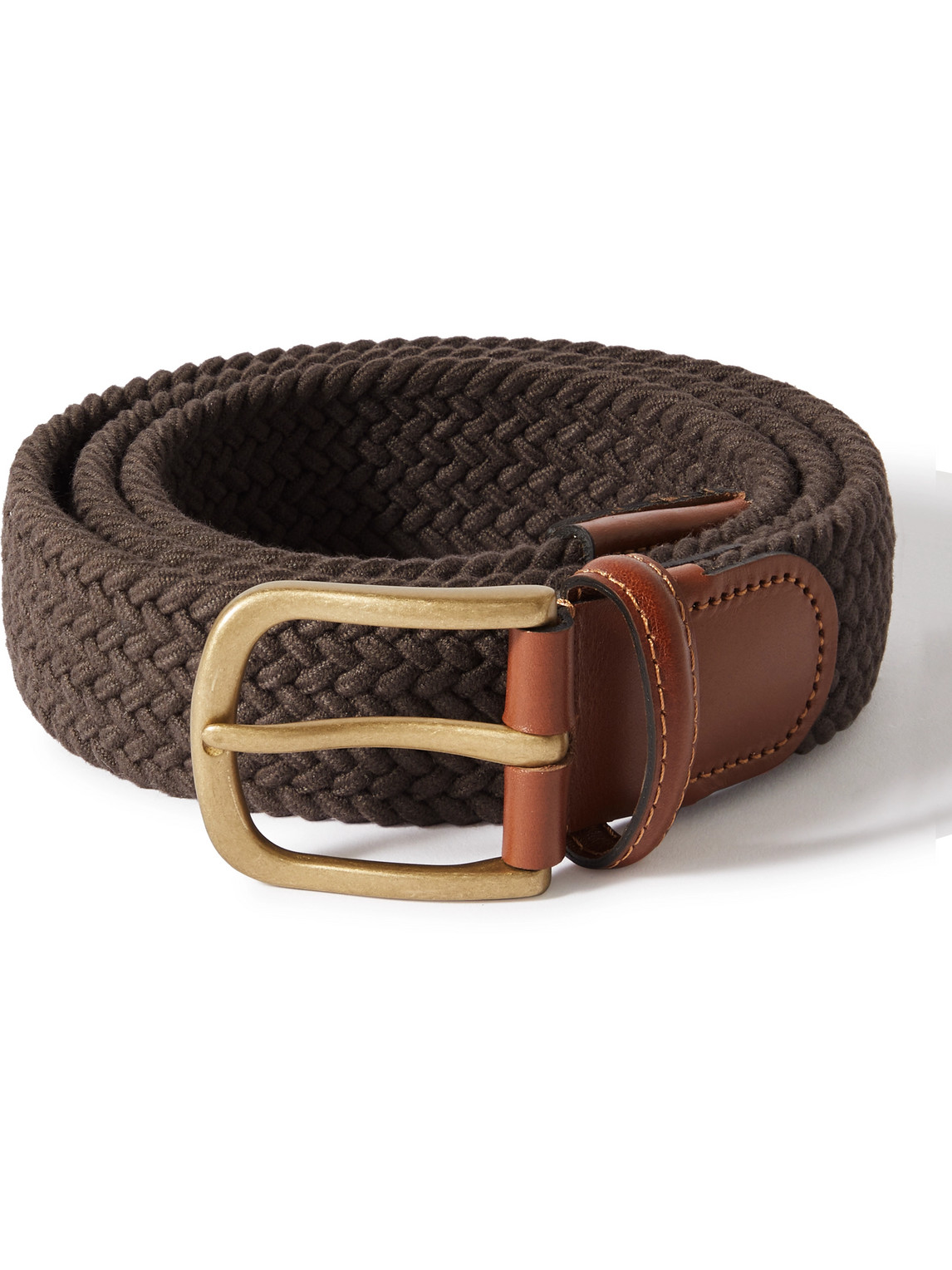 Anderson & Sheppard 3.5cm Leather-trimmed Woven Stretch-cotton Belt In Brown
