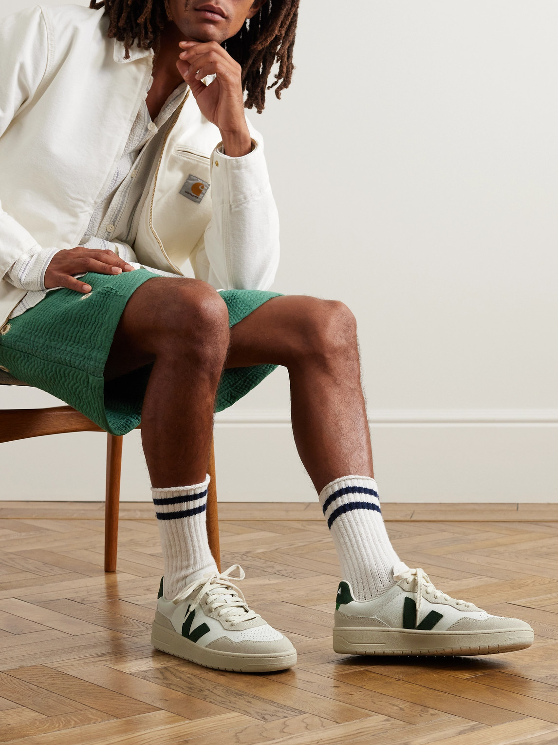 Shop Veja V-90 Suede And Leather Sneakers In White