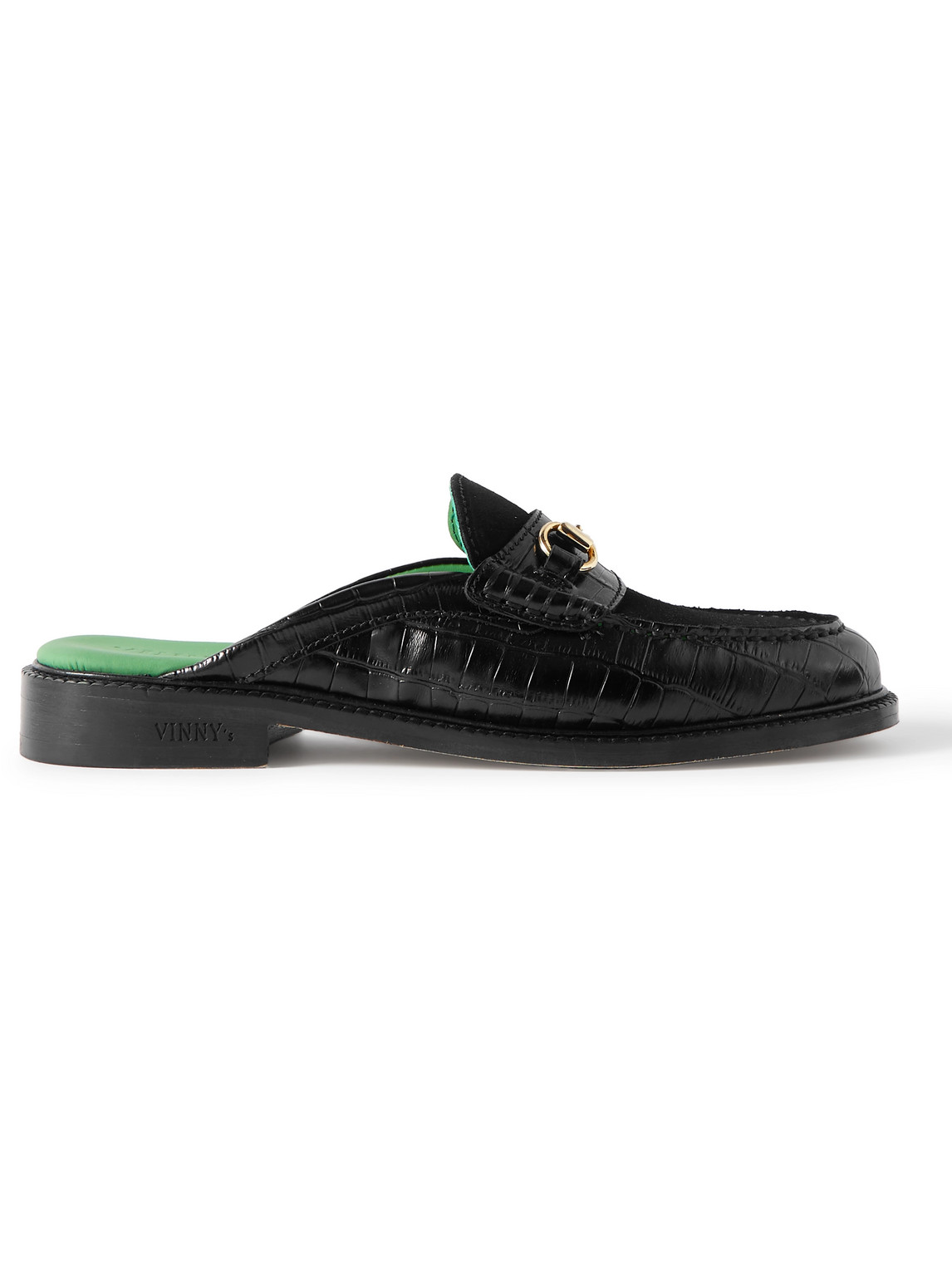 Suede-Trimmed Croc-Effect Leather Backless Loafers