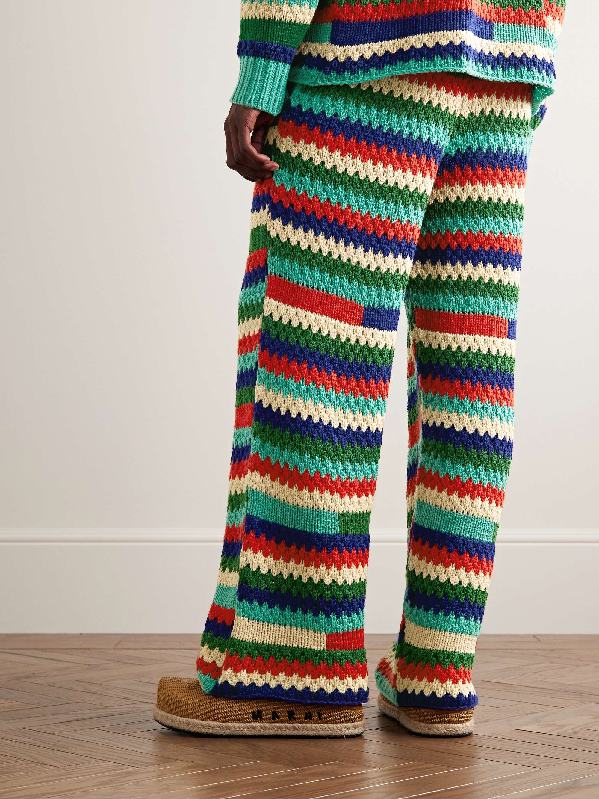 THE ELDER STATESMAN Straight-Leg Striped Crochet-Knit Cashmere Drawstring Trousers