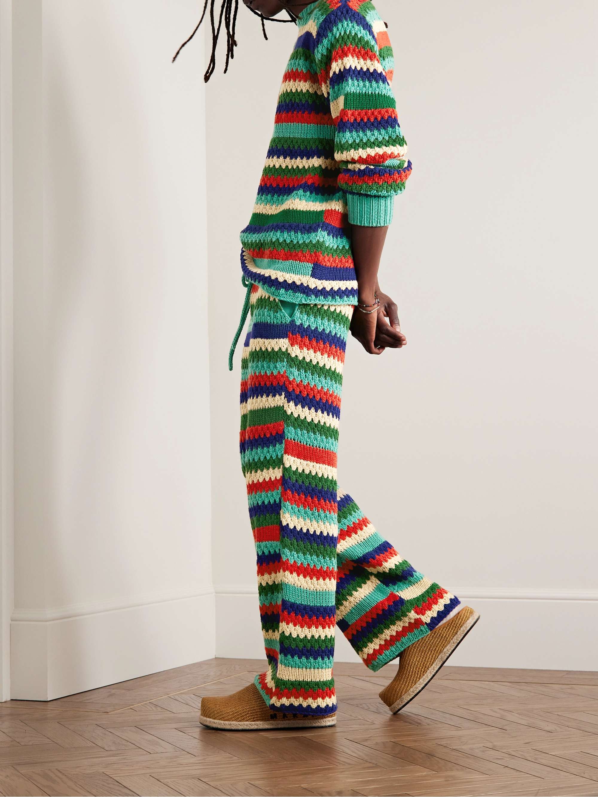 THE ELDER STATESMAN Straight-Leg Striped Crochet-Knit Cashmere Drawstring Trousers