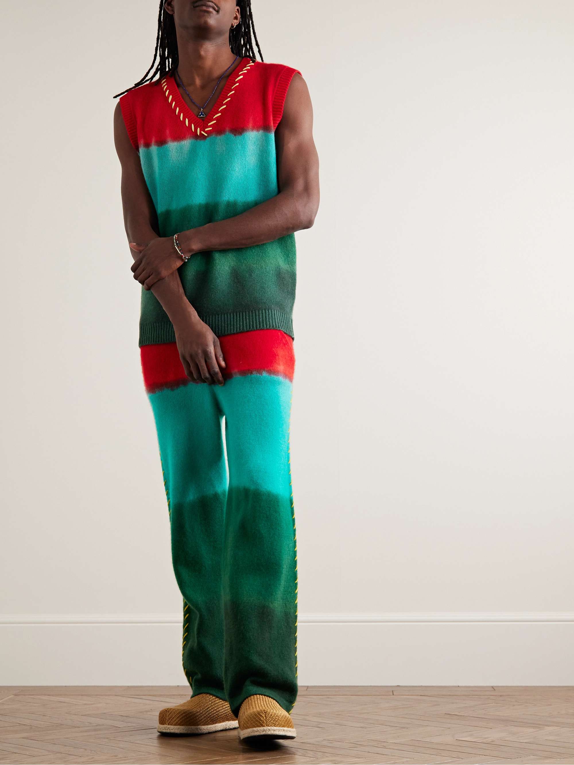 THE ELDER STATESMAN Straight-Leg Embroidered Tie-Dyed Cashmere Trousers