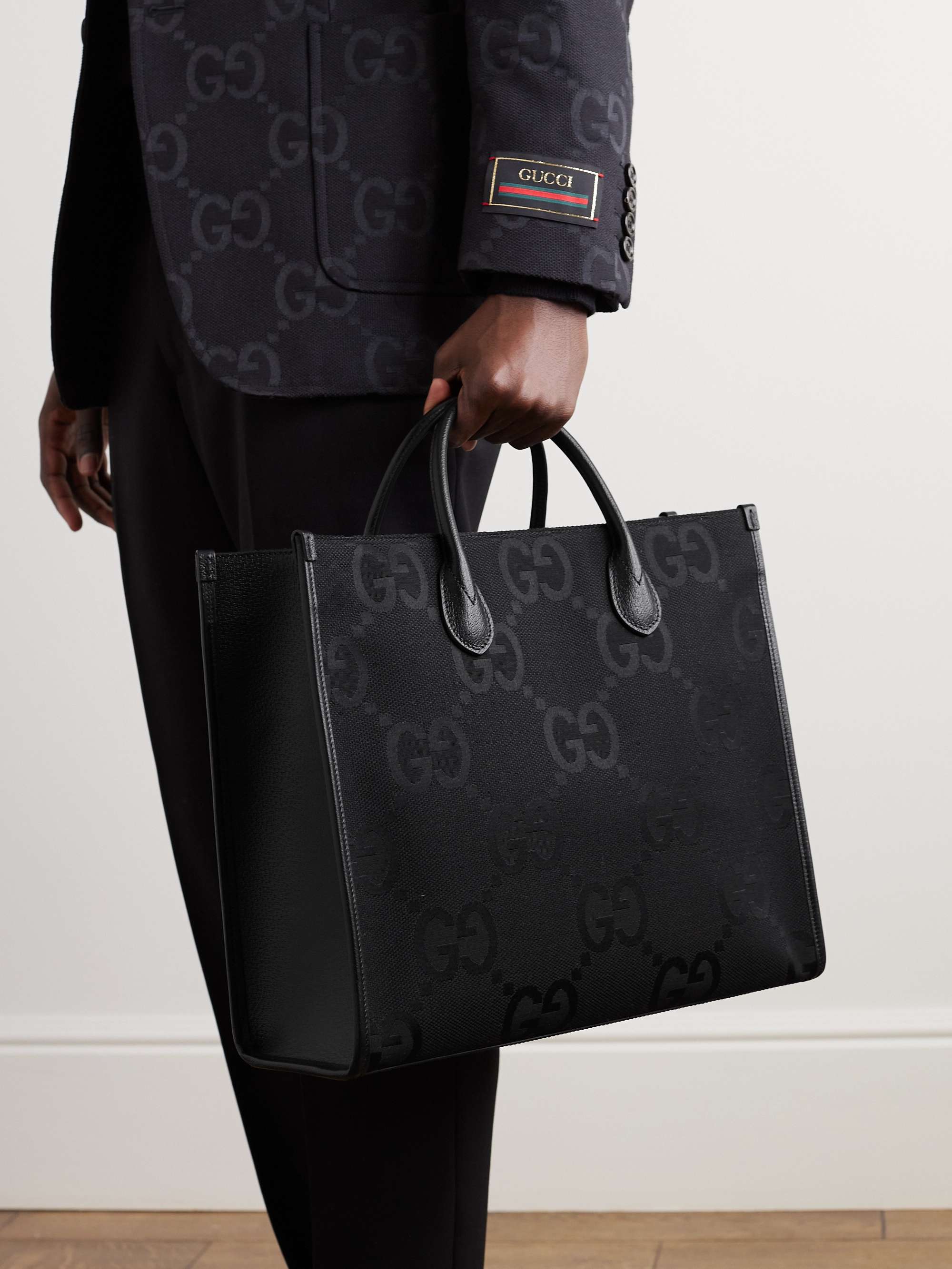 GUCCI Leather and Logo-Jacquard Tote Bag for Men