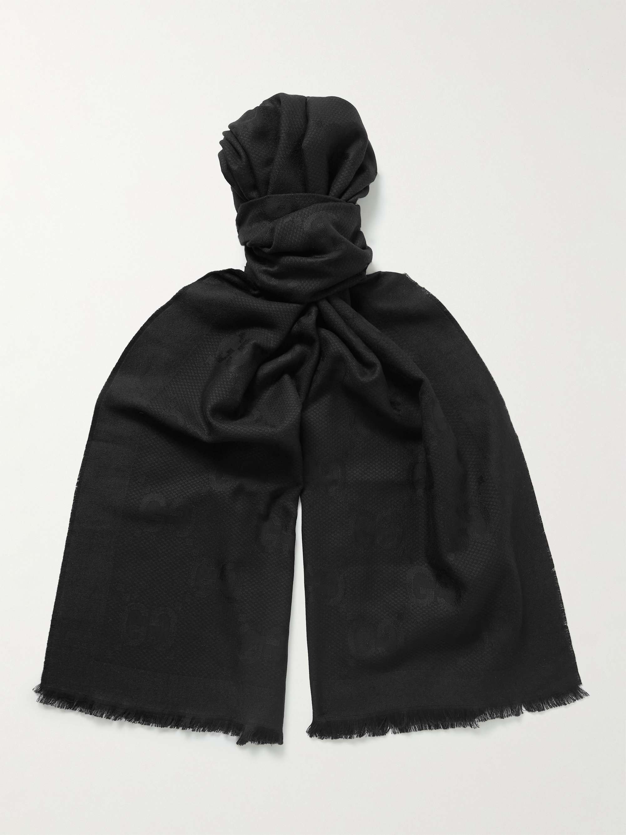 GUCCI Fringed Logo-Jacquard Cotton, Wool and Silk-Blend Scarf | MR PORTER