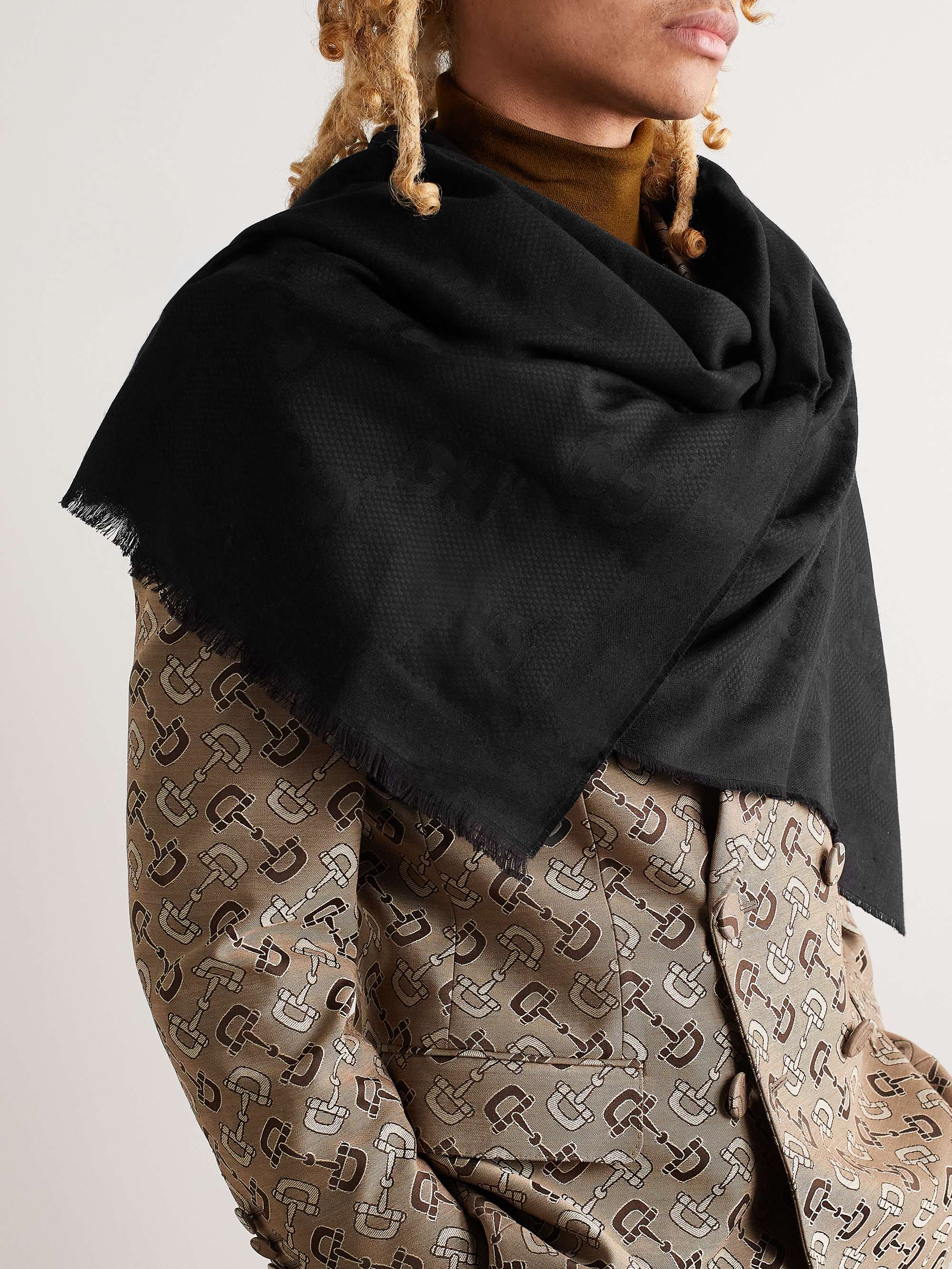 GUCCI Fringed wool and silk-blend jacquard scarf