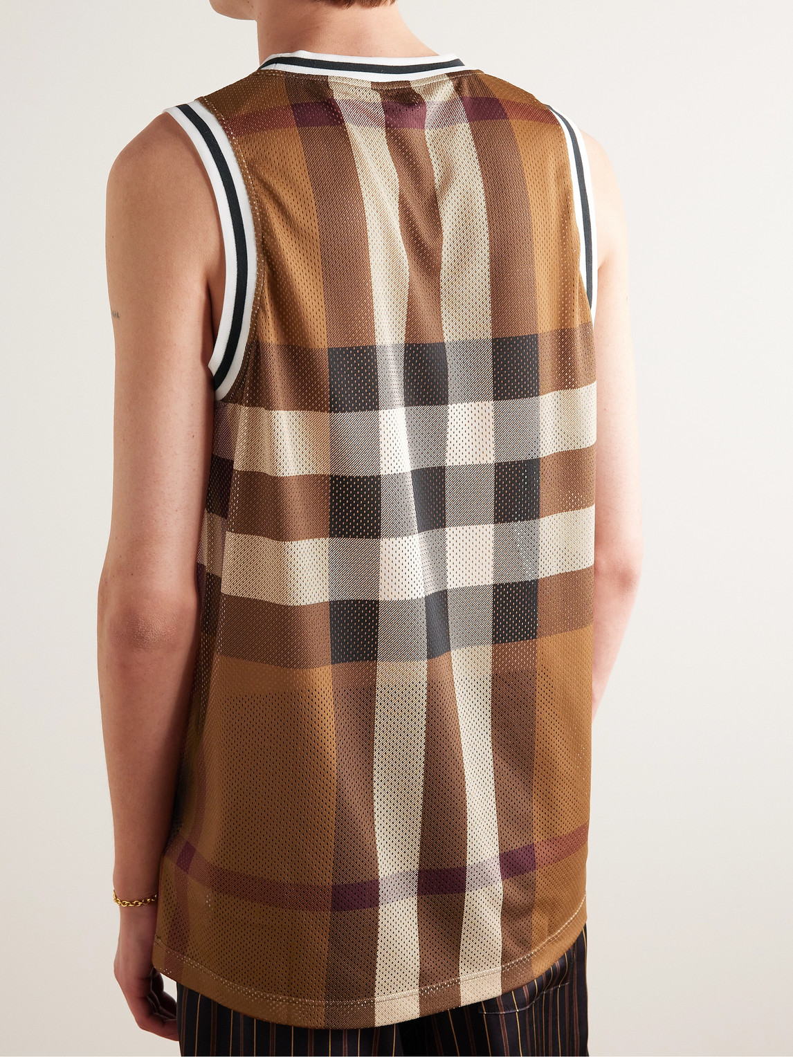 Shop Burberry Checked Mesh Tank Top In Brown