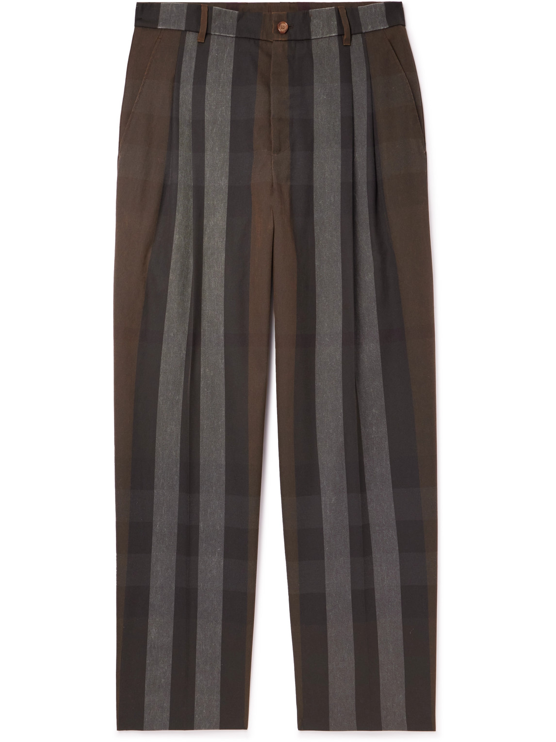 Straight-Leg Pleated Checked Twill Trousers