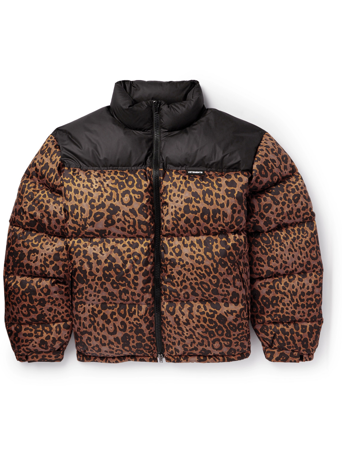 Vetements Logo-appliquéd Leopard-print Shell Down Jacket In Brown