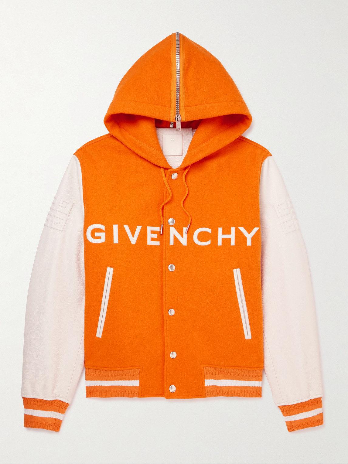 Givenchy Mixed Media Logo Wool Blend Varsity Jacket In Orange