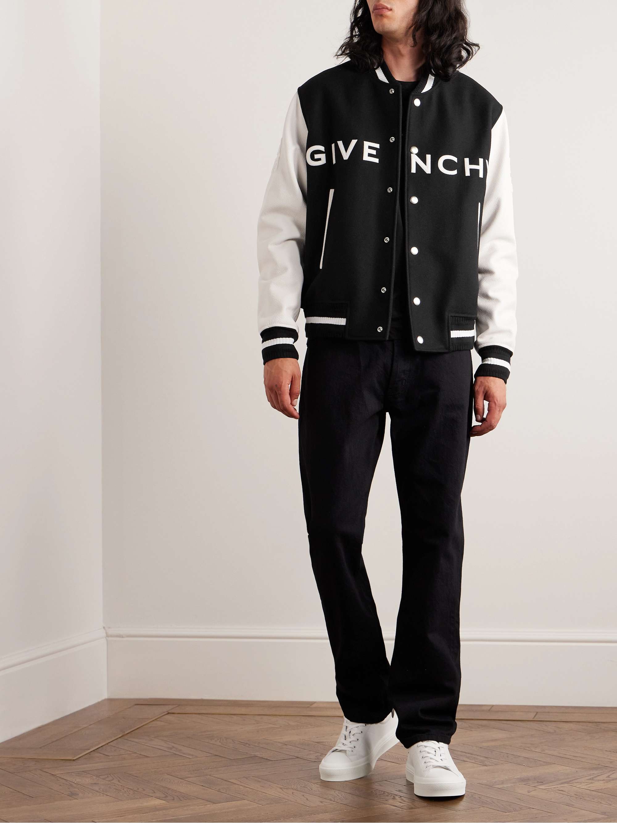 GIVENCHY Logo-Embroidered Wool-Blend and Leather Bomber Jacket for Men