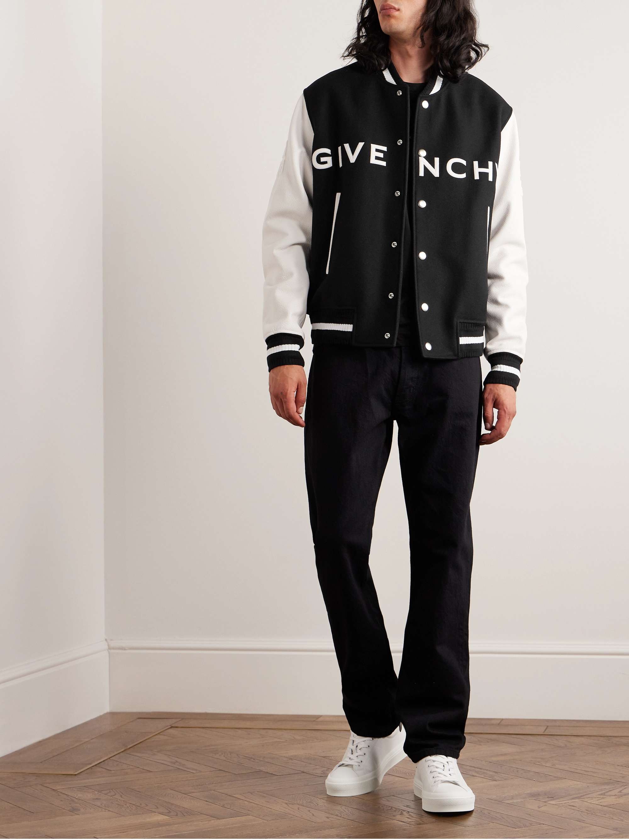 Givenchy Embroidered Logo Mixed Media Leather & Wool Blend Varsity Jacket  in Blue for Men