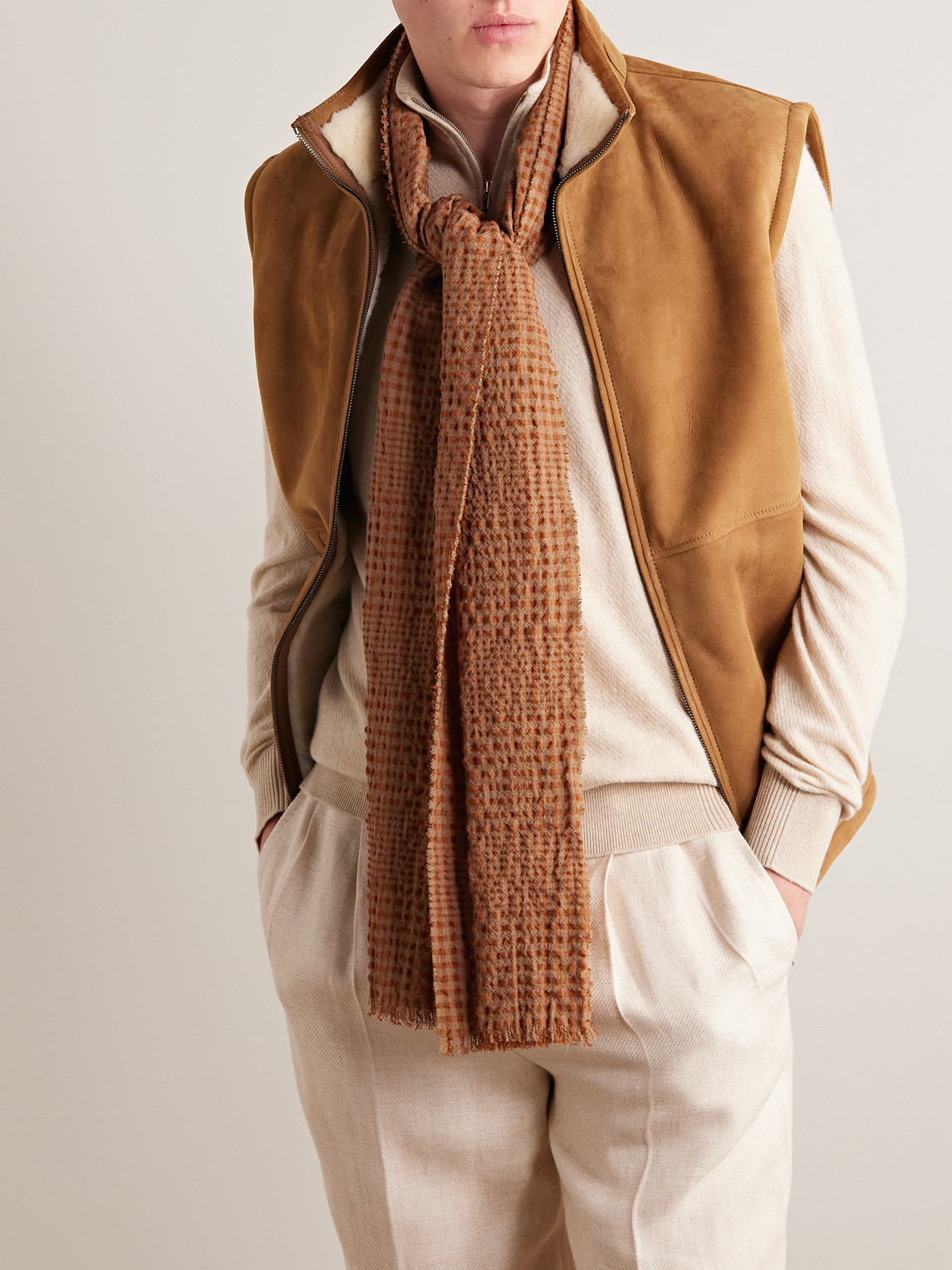 Shop Loro Piana Frayed Checked Wool-blend Seersucker Scarf In Orange