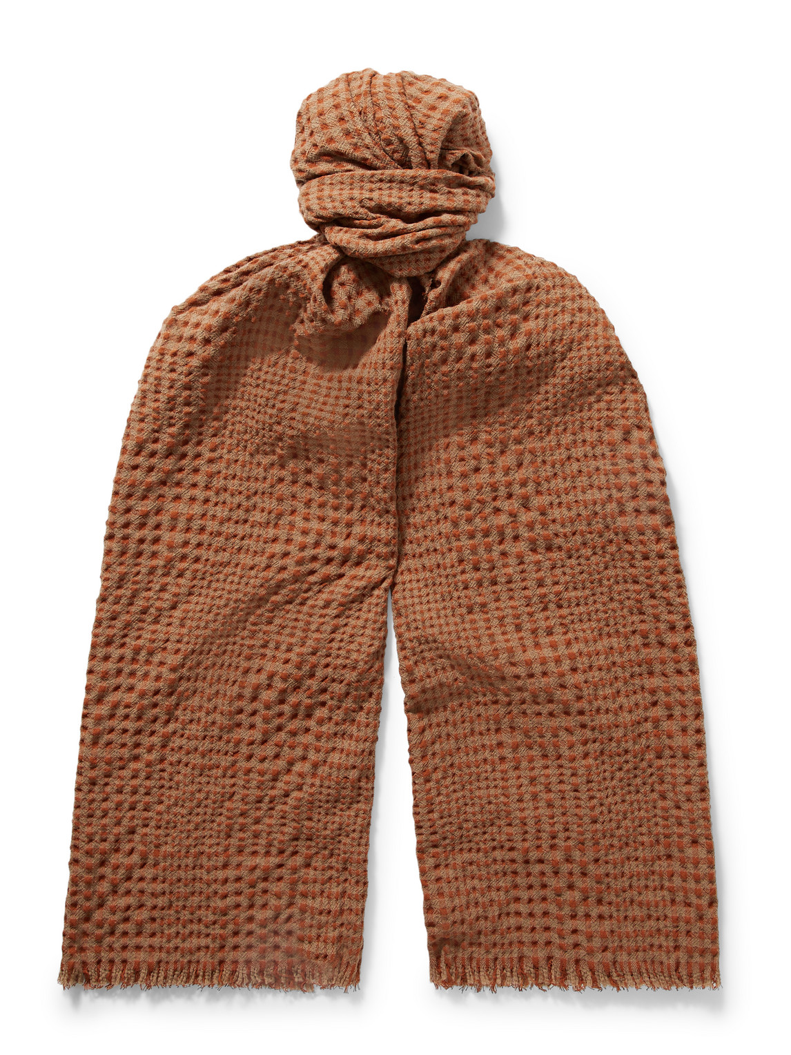 Loro Piana Frayed Checked Wool-blend Seersucker Scarf In Orange