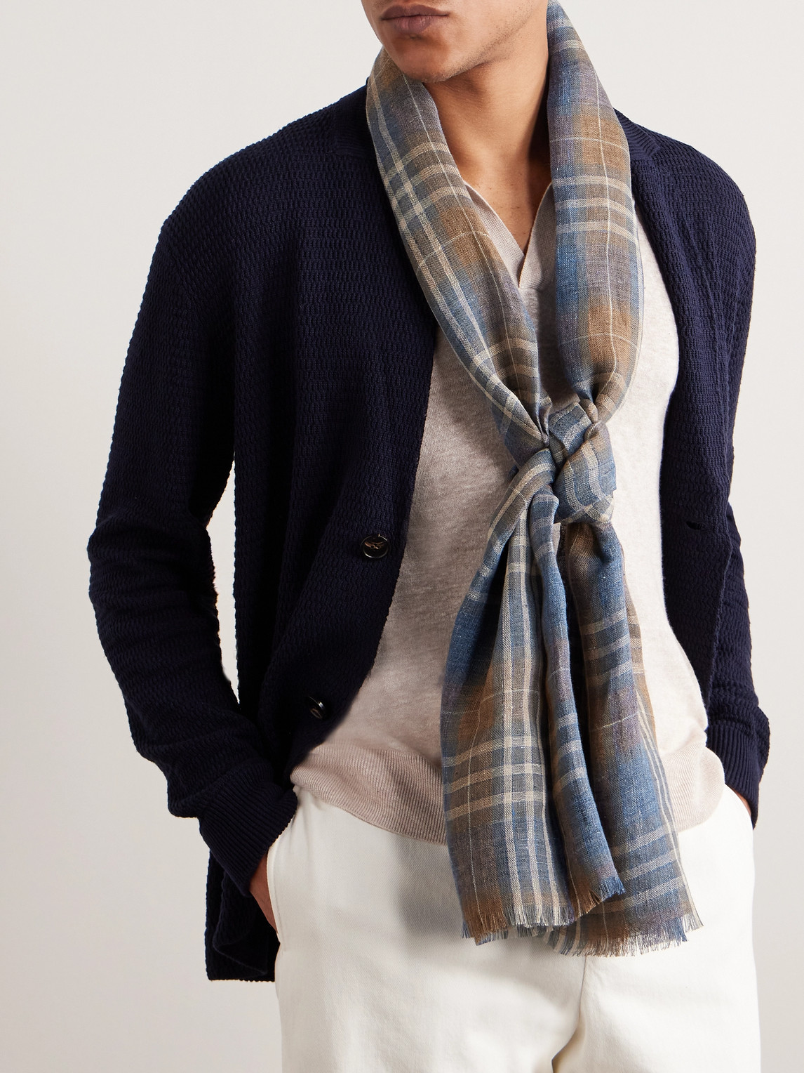 Shop Loro Piana Fringed Checked Linen Scarf In Blue