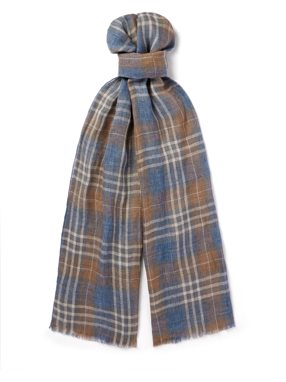 Loro Piana Fringed Checked Linen Scarf In Blue