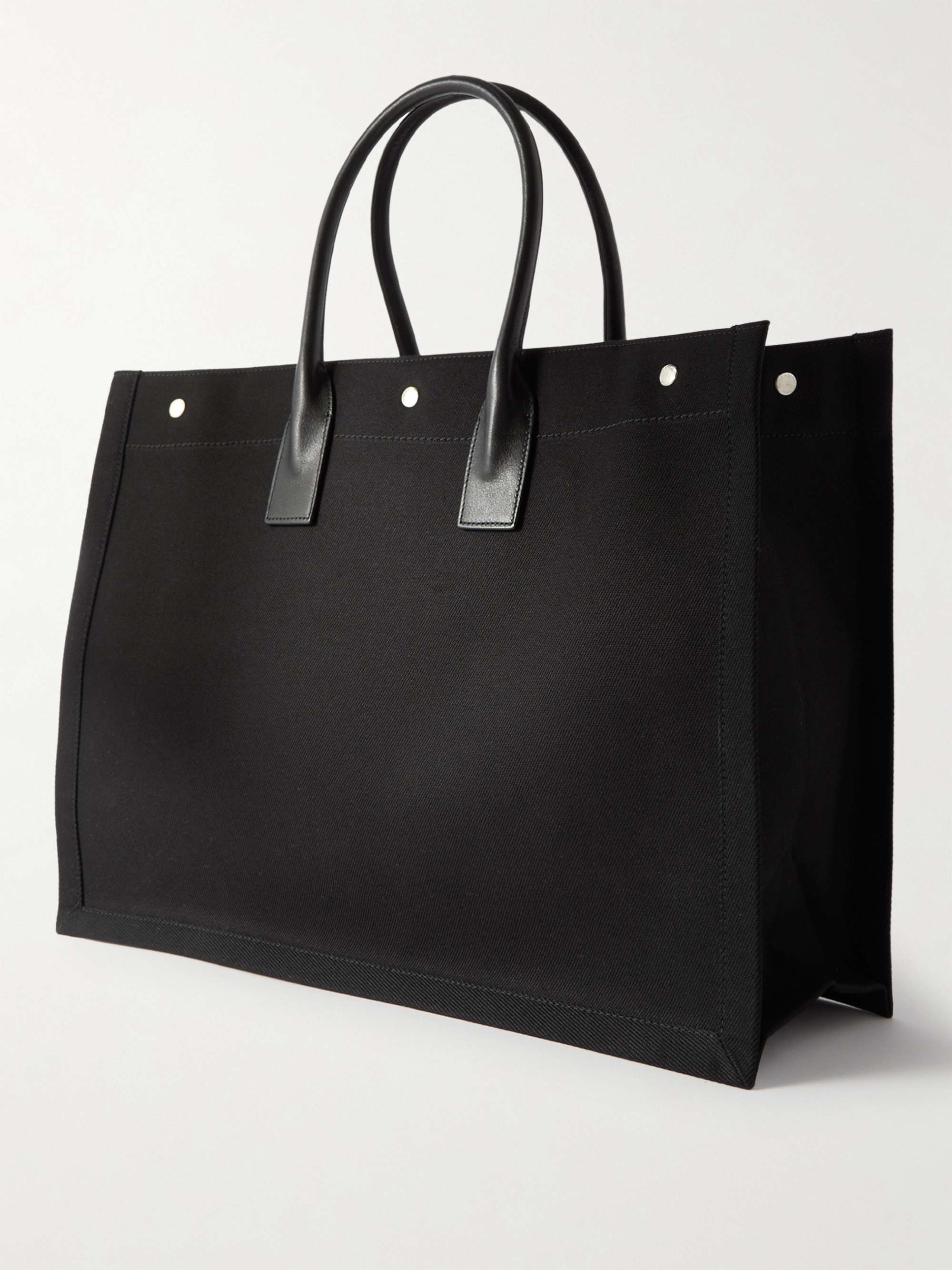 Leather-trimmed printed twill tote