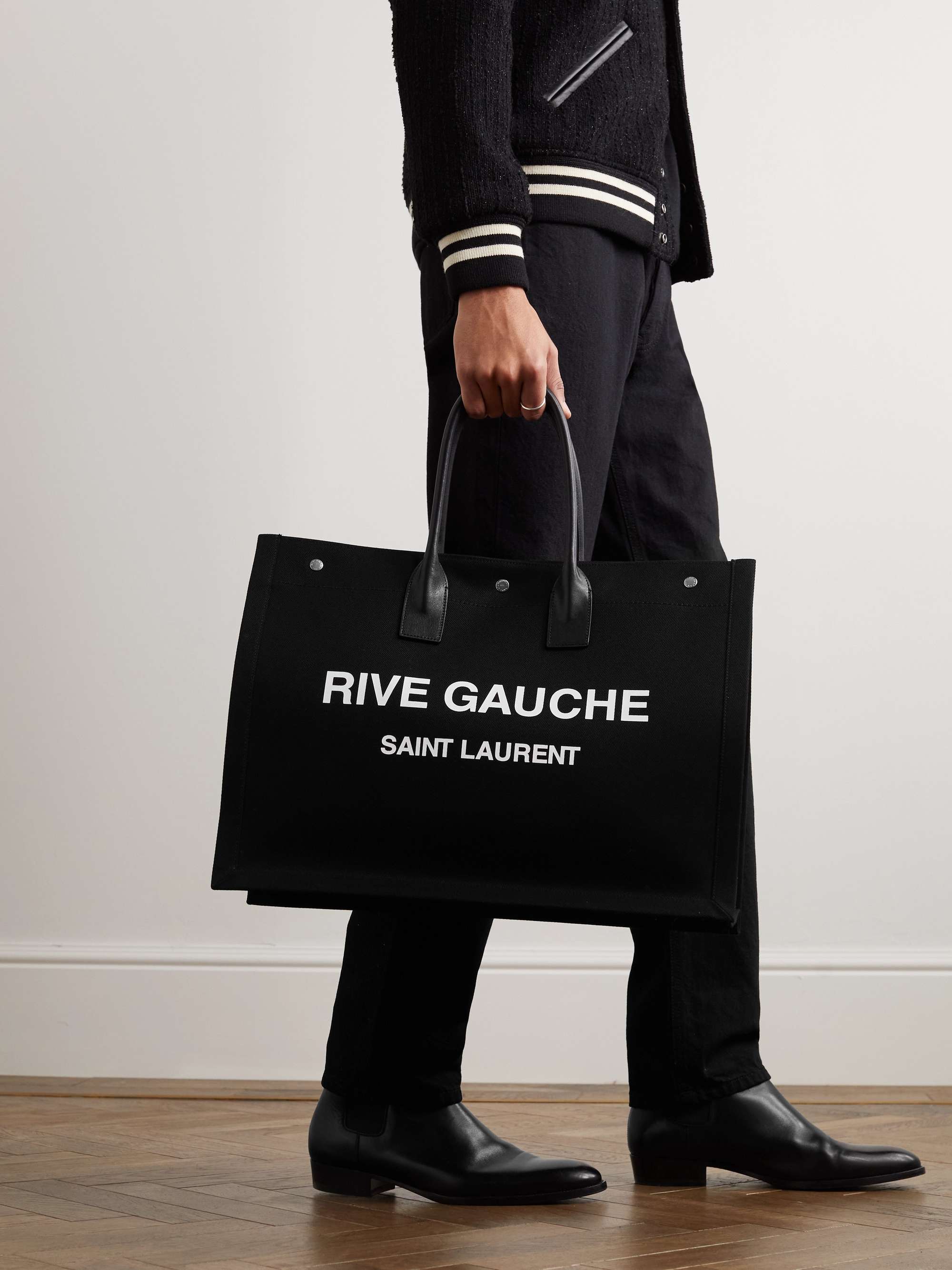 SAINT LAURENT Large Leather-Trimmed Logo-Print Twill Tote Bag