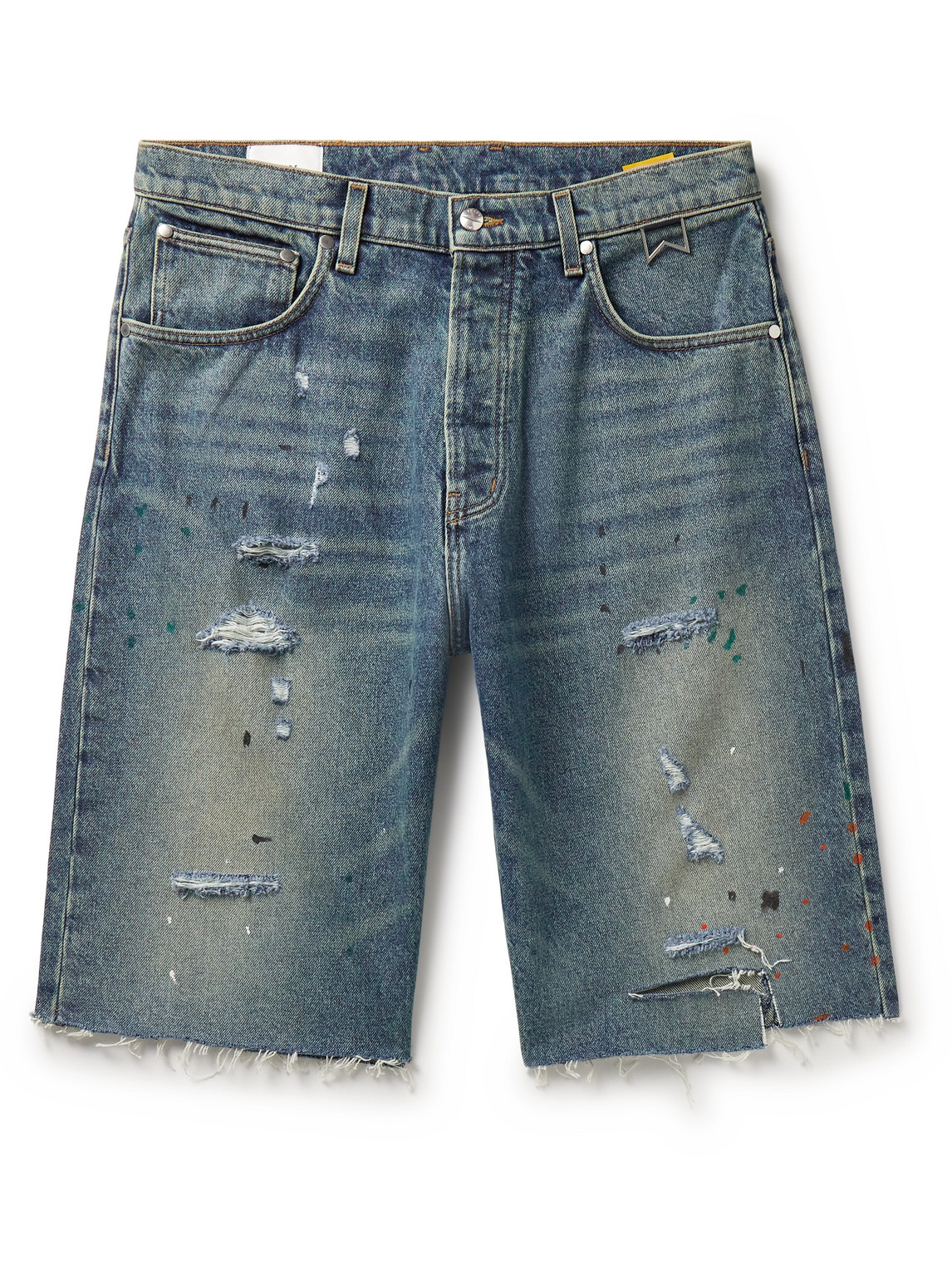 Straight-Leg Paint-Splattered Distressed Denim Shorts