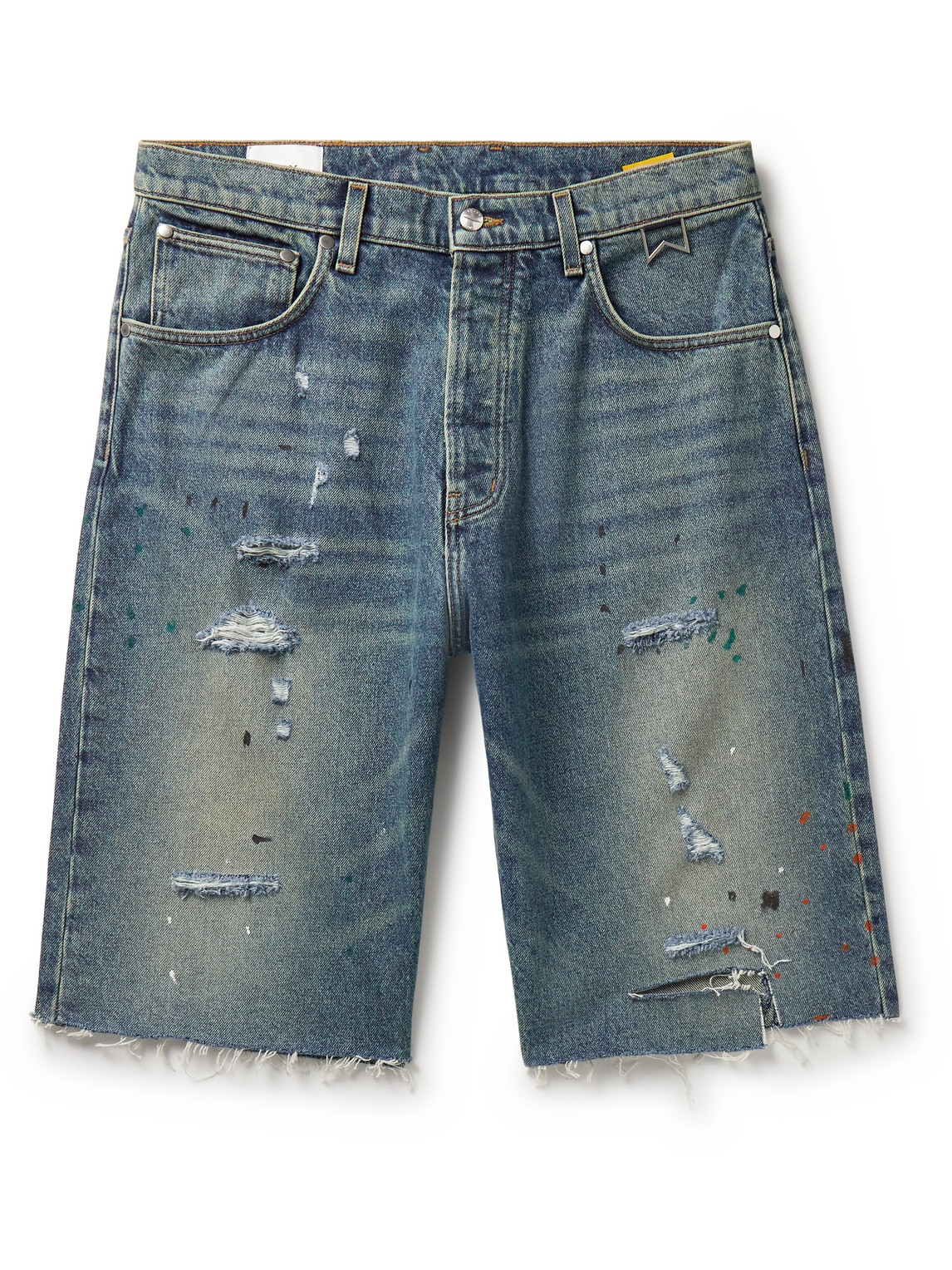Rhude Straight-Leg Paint-Splattered Distressed Denim Shorts