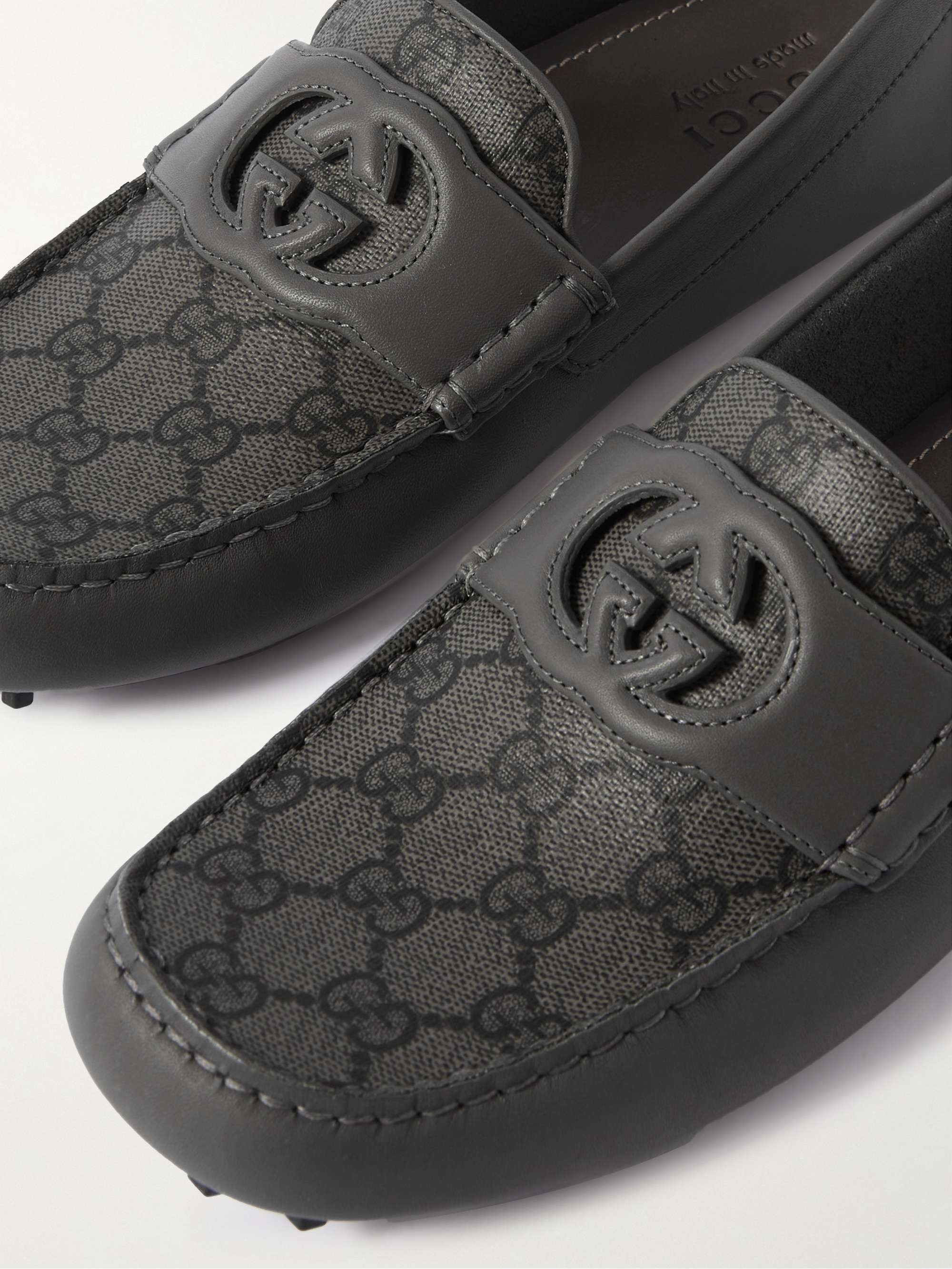 GUCCI Logo-Cutout Leather and Monogrammed Coated-Canvas Penny Loafers