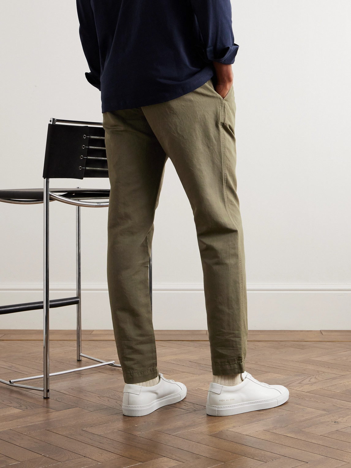 Shop Mr P Straight-leg Pleated Garment-dyed Cotton And Linen-blend Trousers In Green