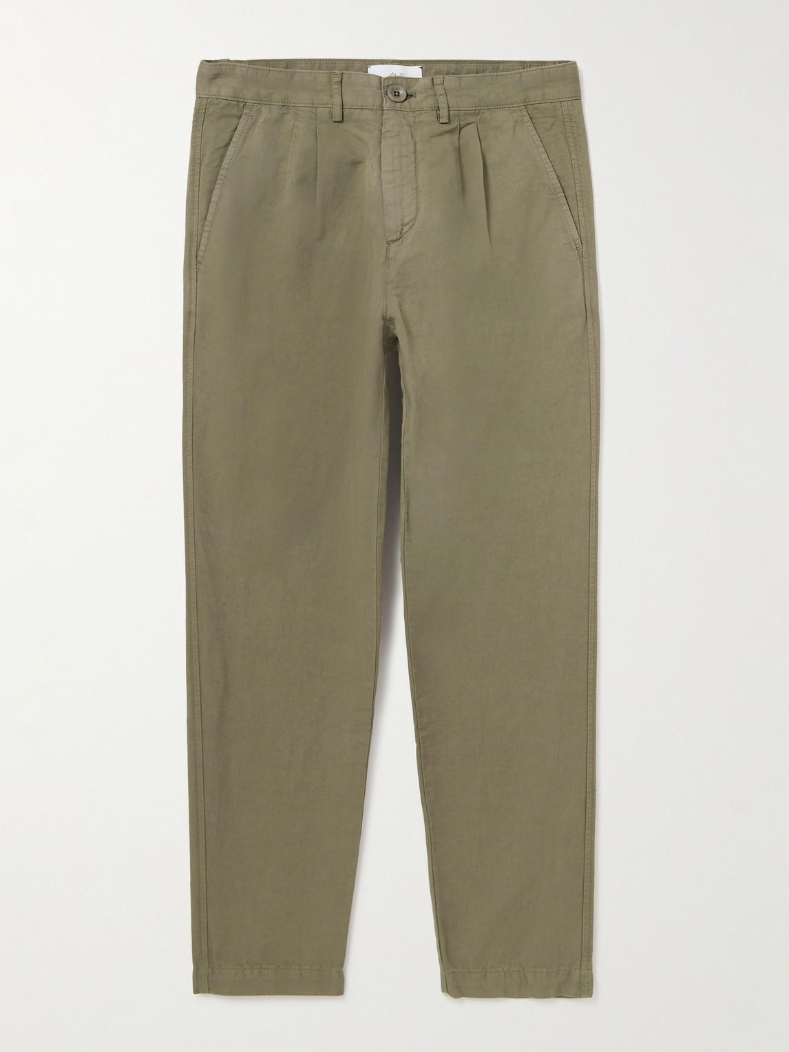 Mr P Straight-leg Pleated Garment-dyed Cotton And Linen-blend Trousers In Green