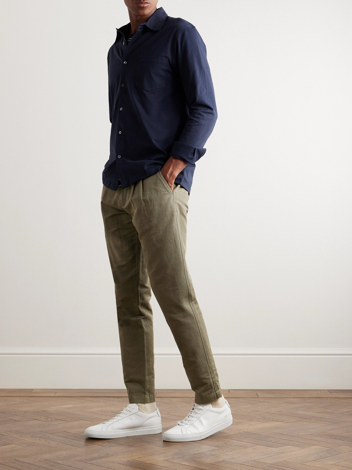 Shop Mr P Straight-leg Pleated Garment-dyed Cotton And Linen-blend Trousers In Green