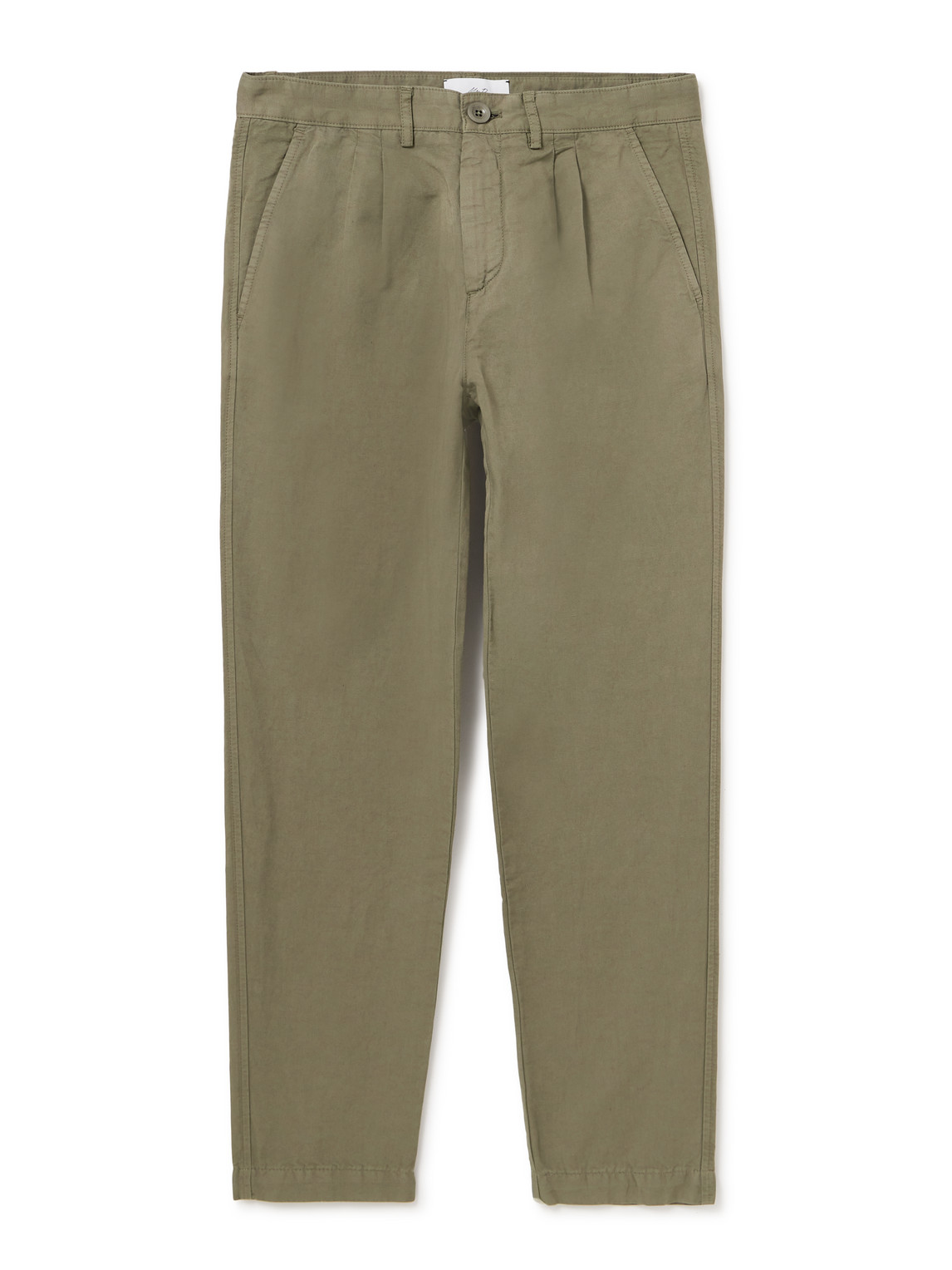 Mr P Straight-leg Pleated Garment-dyed Cotton And Linen-blend Trousers In Green