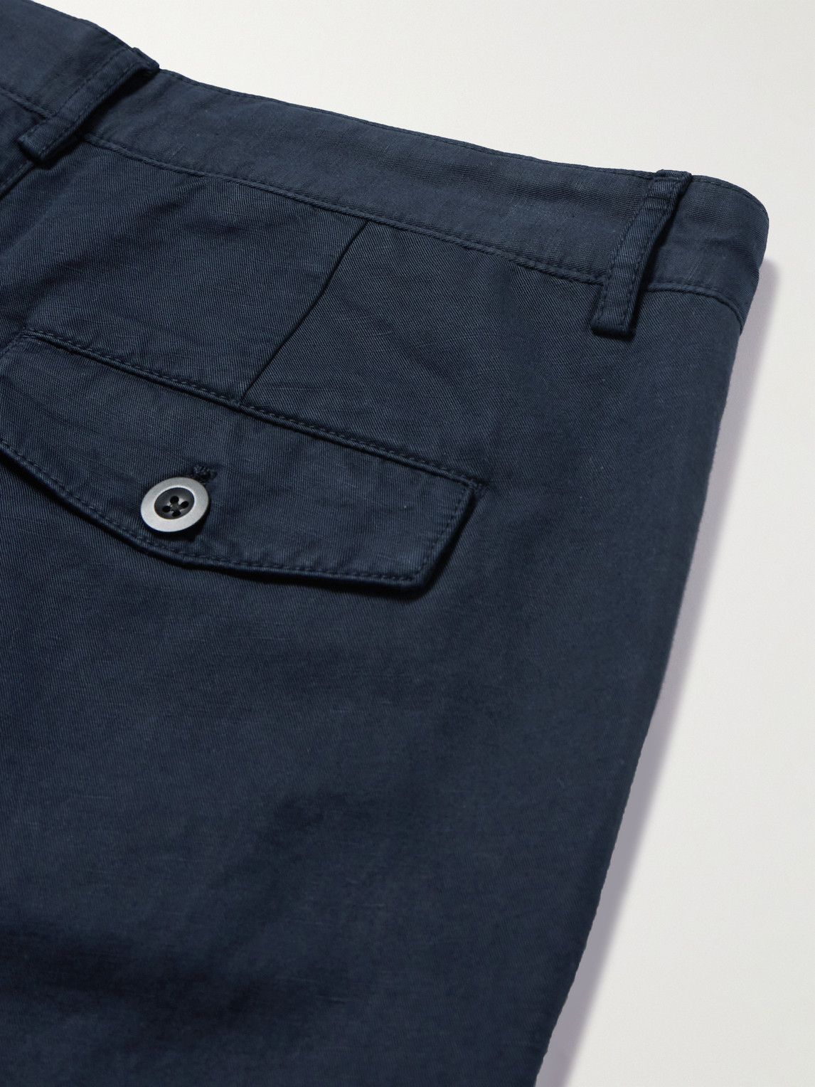 Shop Mr P Straight-leg Pleated Garment-dyed Cotton And Linen-blend Trousers In Blue