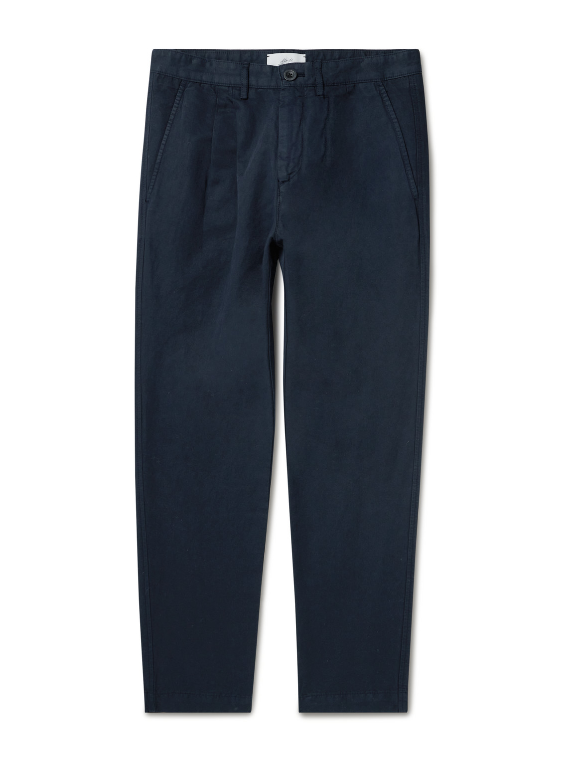 Mr P Straight-leg Pleated Garment-dyed Cotton And Linen-blend Trousers In Blue