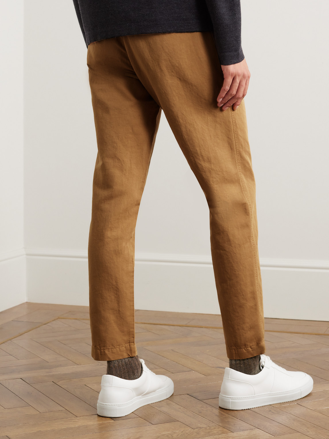 Shop Mr P Straight-leg Pleated Garment-dyed Cotton And Linen-blend Twill Trousers In Gray