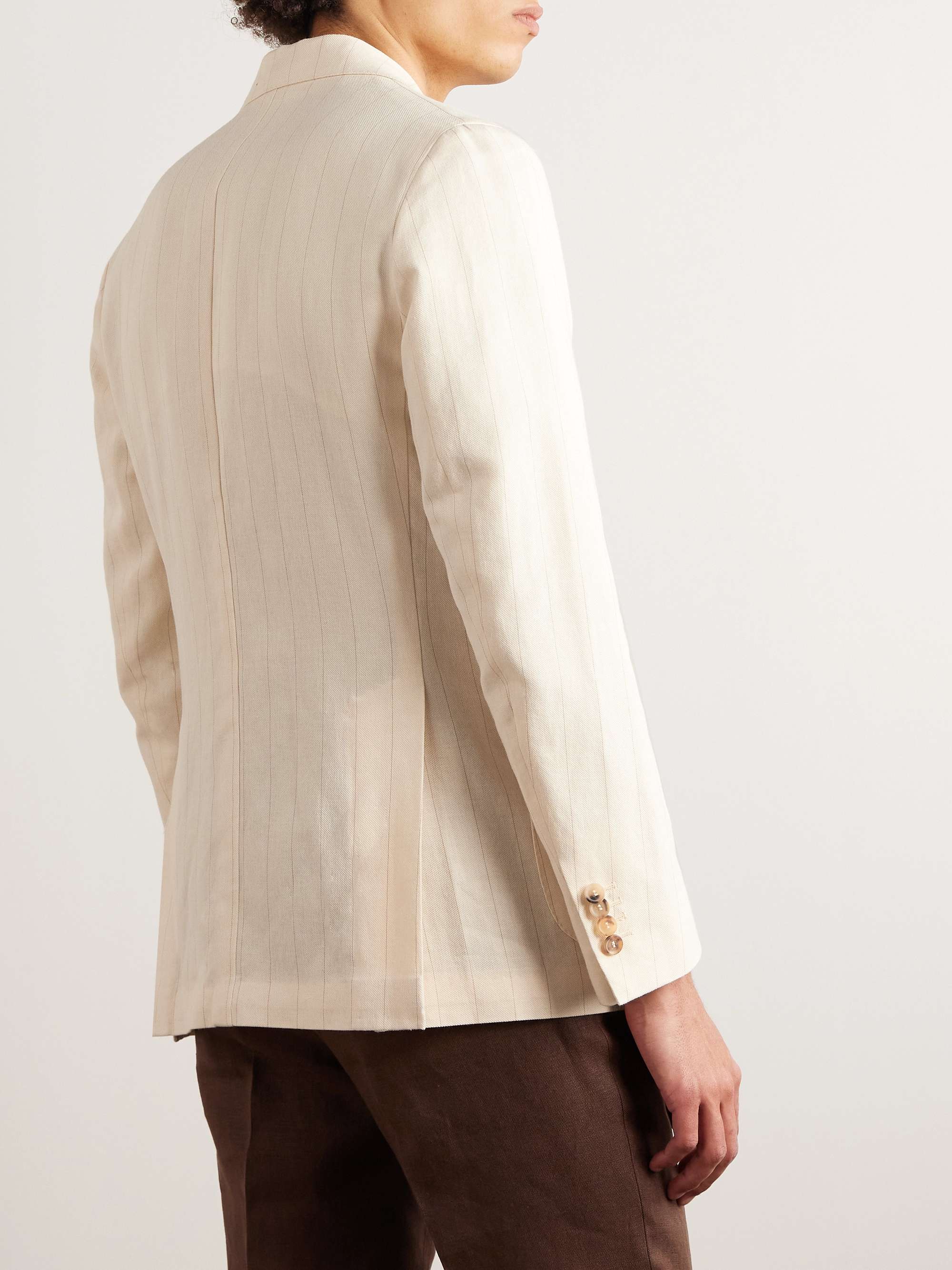 DE PETRILLO Double-Breasted Pinstriped Cotton and Linen-Blend Blazer