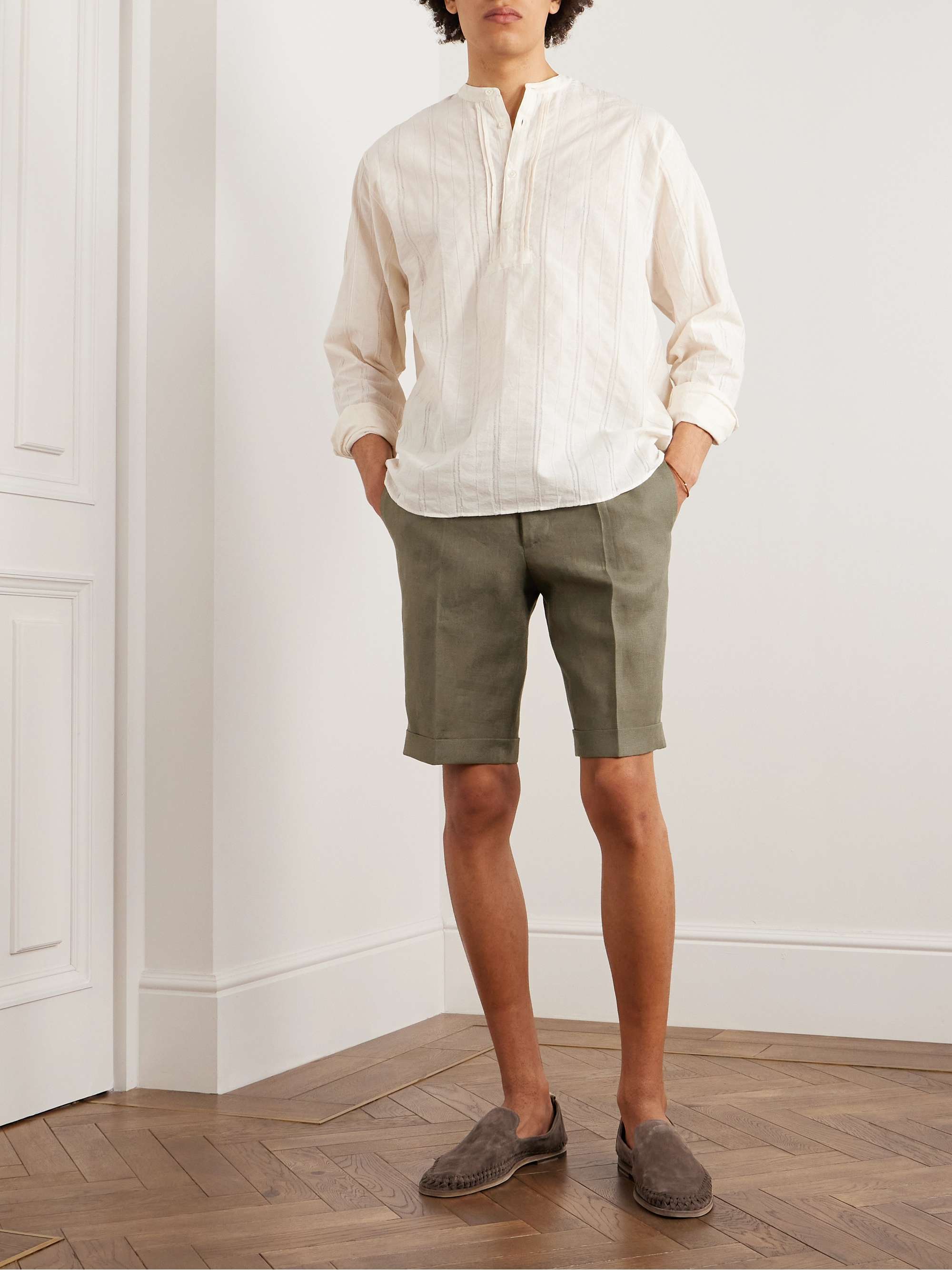 DE PETRILLO Straight-Leg Pleated Linen Bermuda Shorts