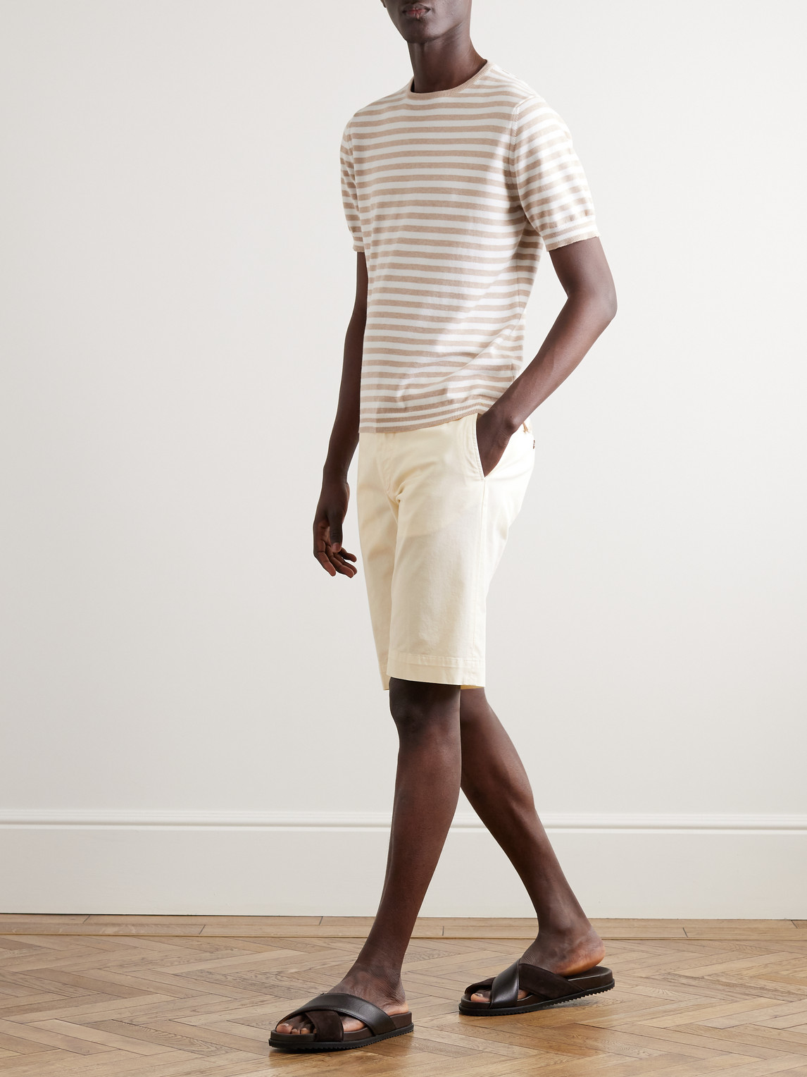 Shop Canali Straight-leg Cotton-blend Twill Bermuda Shorts In Neutrals