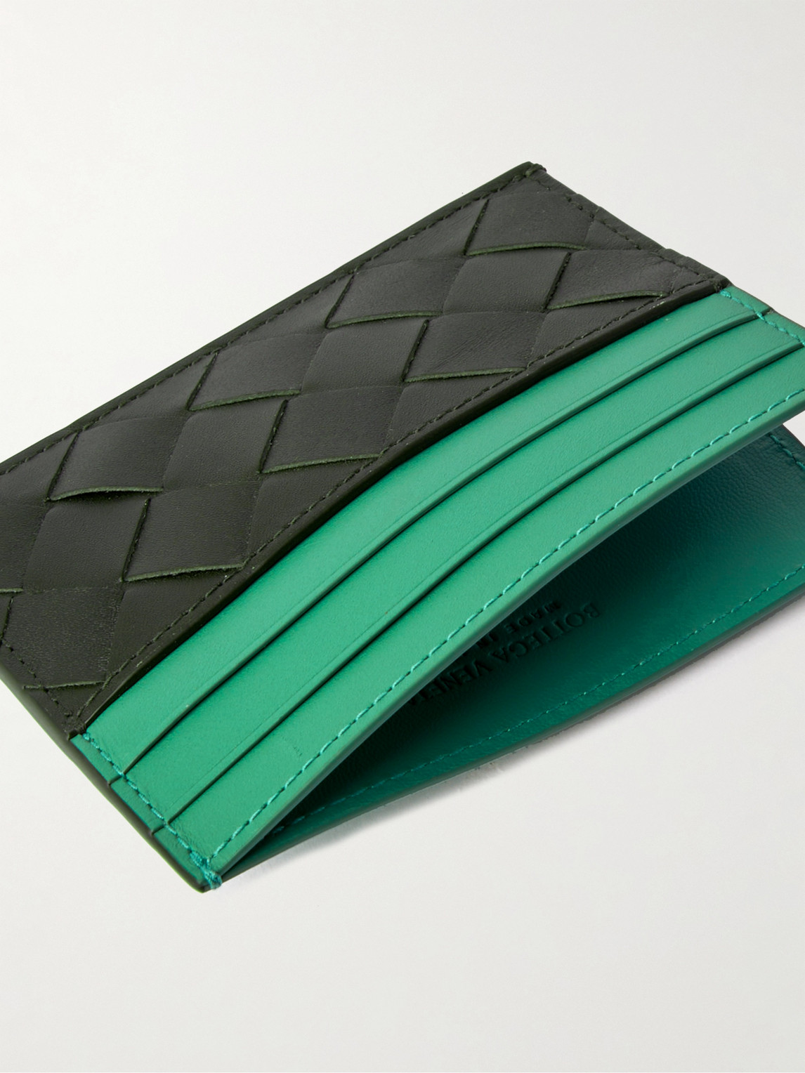 Shop Bottega Veneta Colour-block Intrecciato Leather Cardholder In Green