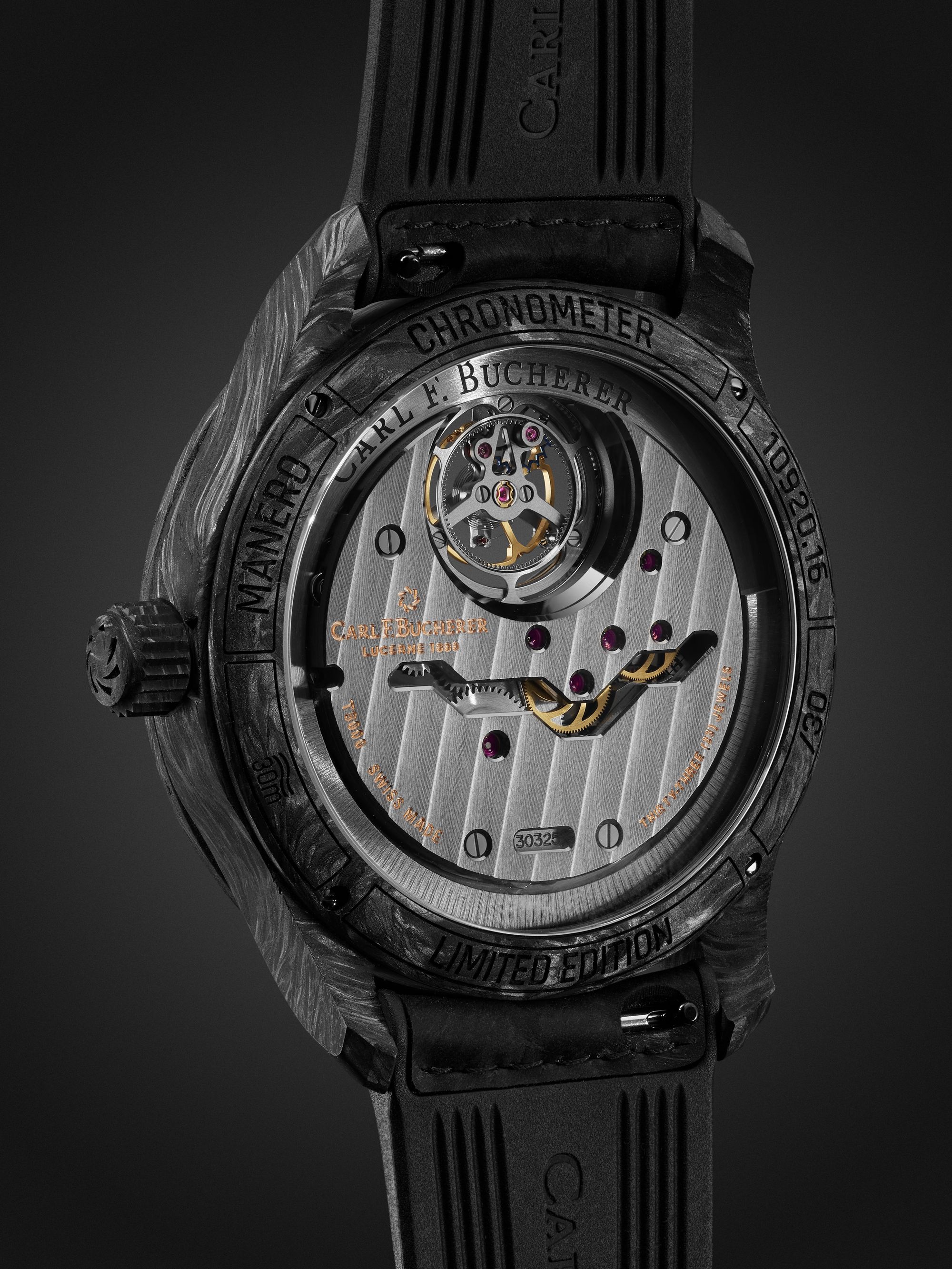 CARL F. BUCHERER Manero Tourbillon Double Peripheral Limited Edition Automatic 43.1mm Forged Carbon Titanium and Rubber Watch, Ref. No 00.10920.16.33.01
