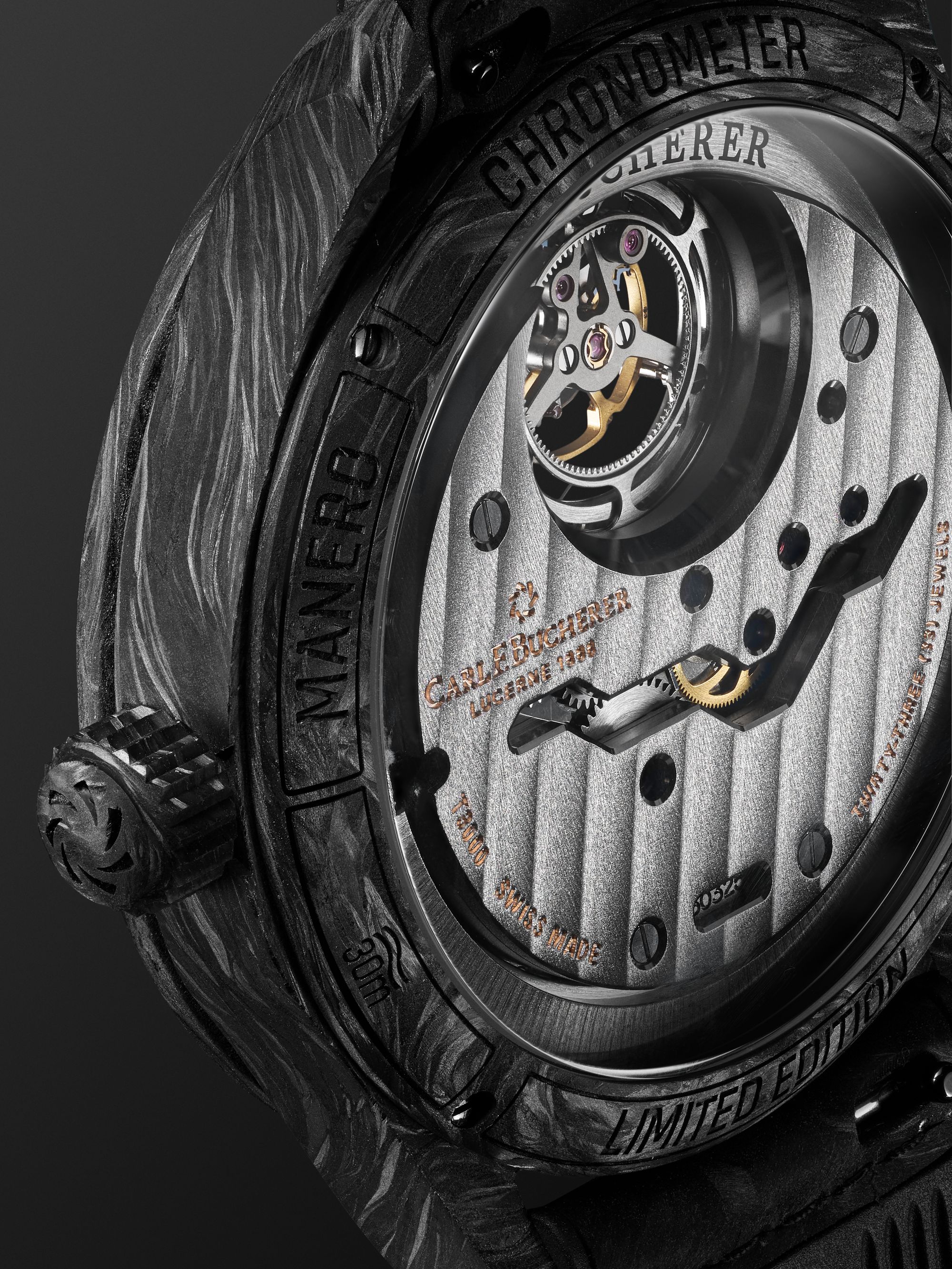 CARL F. BUCHERER Manero Tourbillon Double Peripheral Limited Edition Automatic 43.1mm Forged Carbon Titanium and Rubber Watch, Ref. No 00.10920.16.33.01