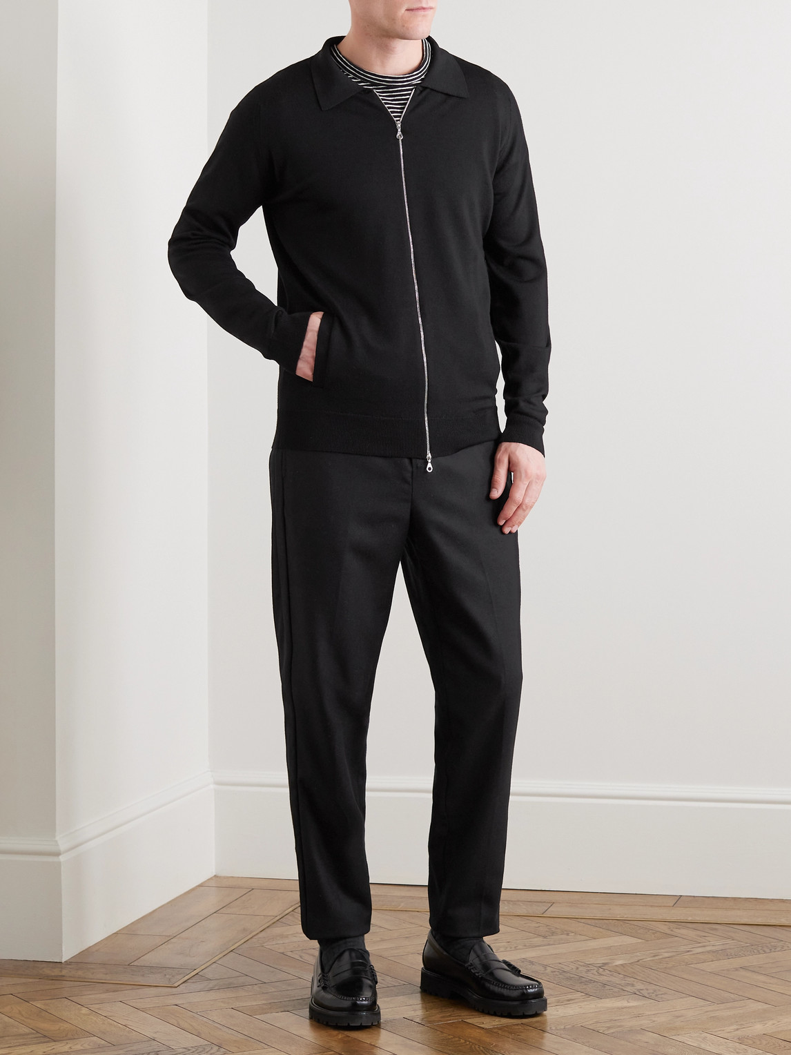 Alston Slim-fit Merino Wool Zip-up Cardigan In Black