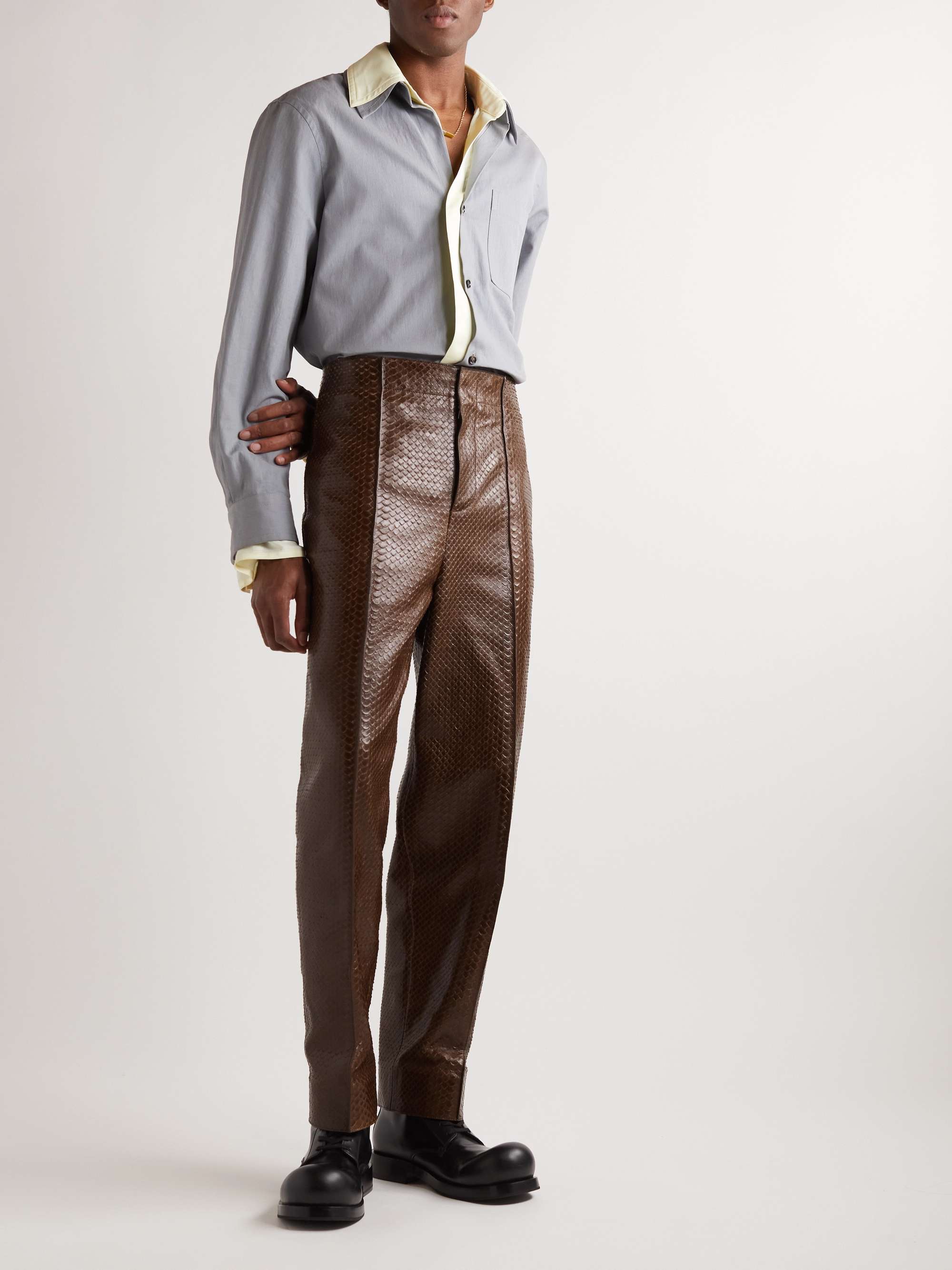 BOTTEGA VENETA Straight-Leg Snake-Effect Leather Trousers for Men | MR ...