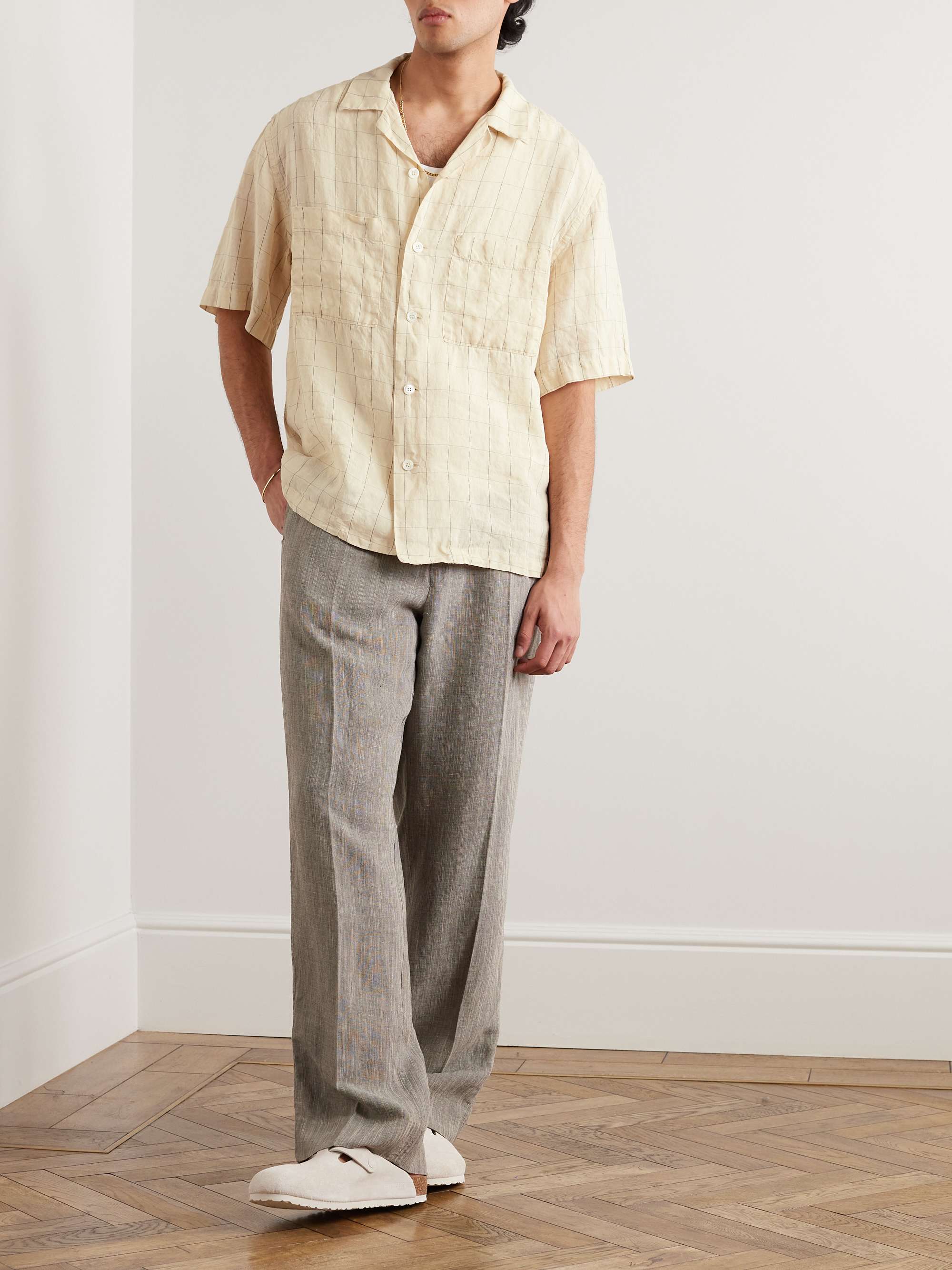 BARENA Camp-Collar Checked Linen-Blend Shirt