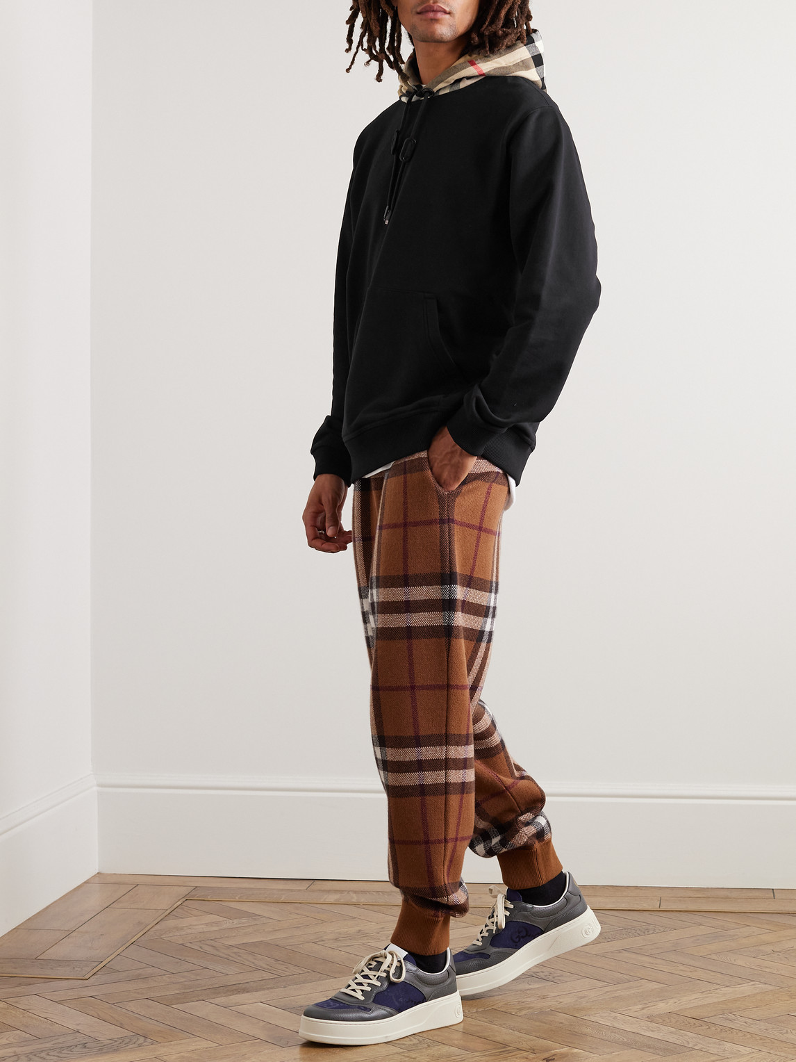 Shop Burberry Checked Cotton-jersey Hoodie In Black