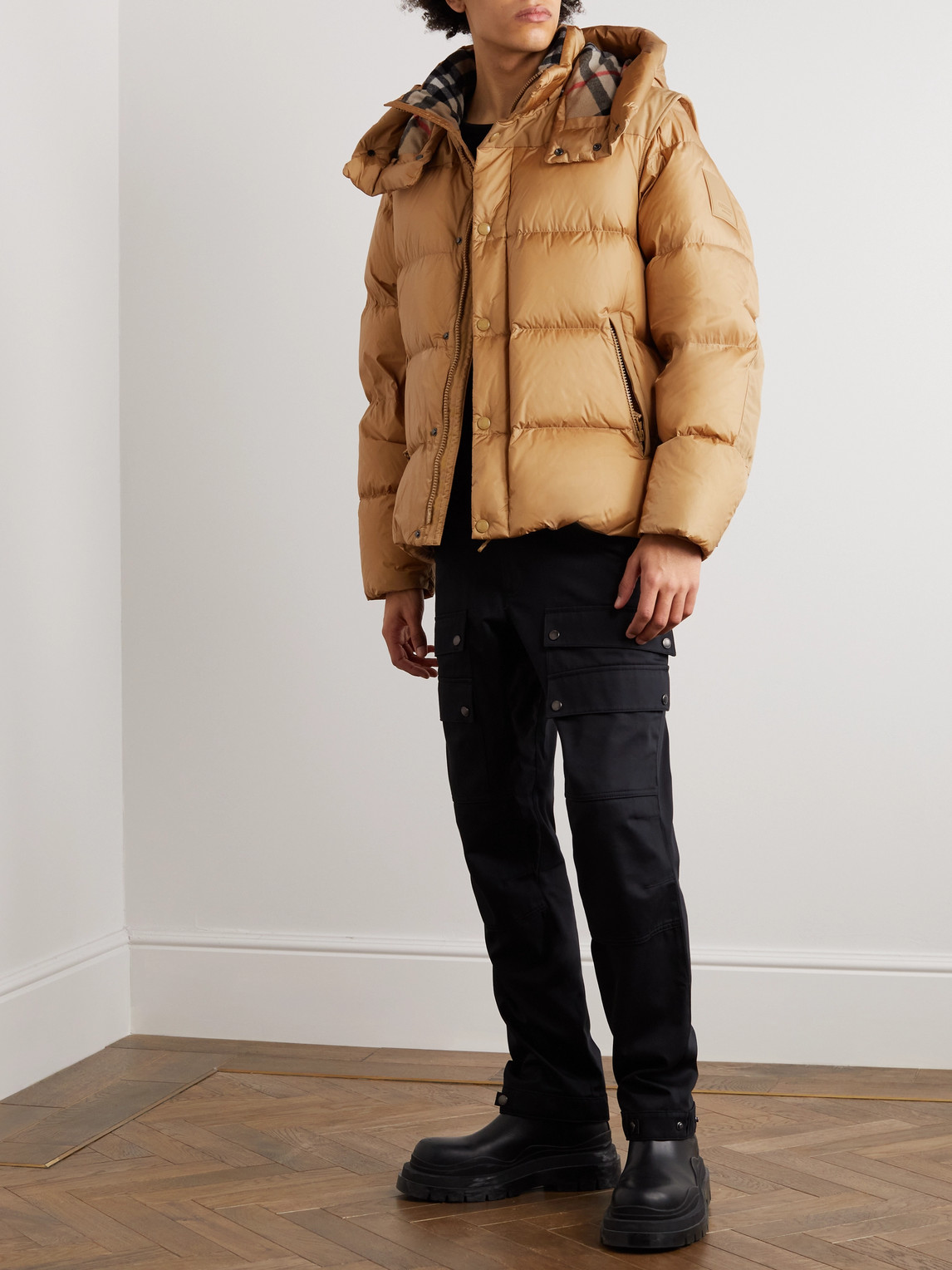 Shop Burberry Convertible Logo-appliquéd Quilted Shell Hooded Down Jacket In Neutrals