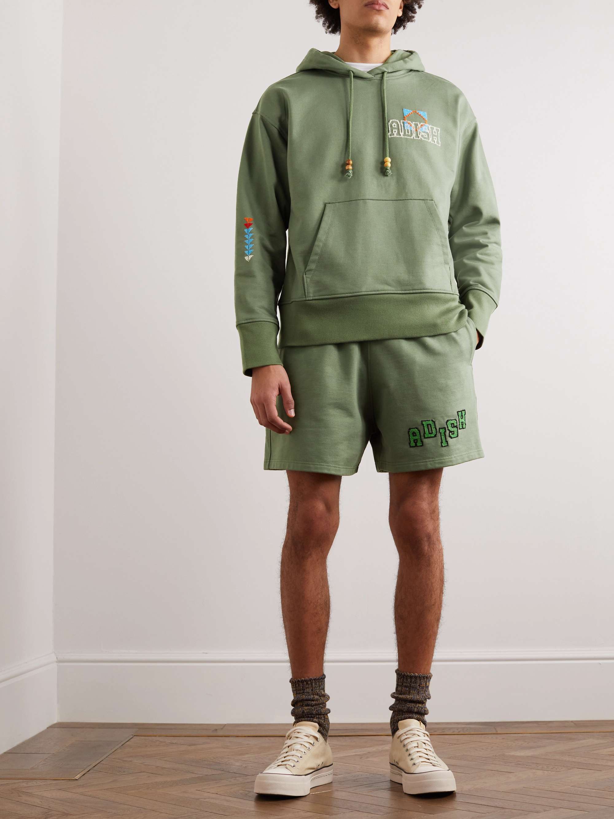 ADISH Shorts a gamba larga in jersey di cotone con logo ricamato Tatreez